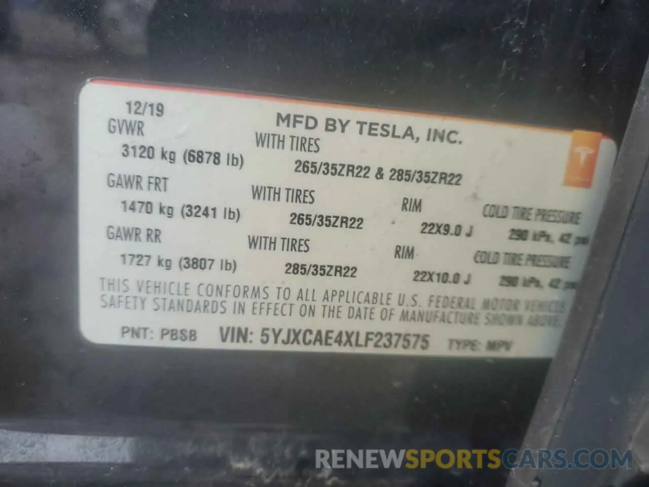 12 fotografías del automóvil dañado 5YJXCAE4XLF237575 TESLA MODEL X 2020