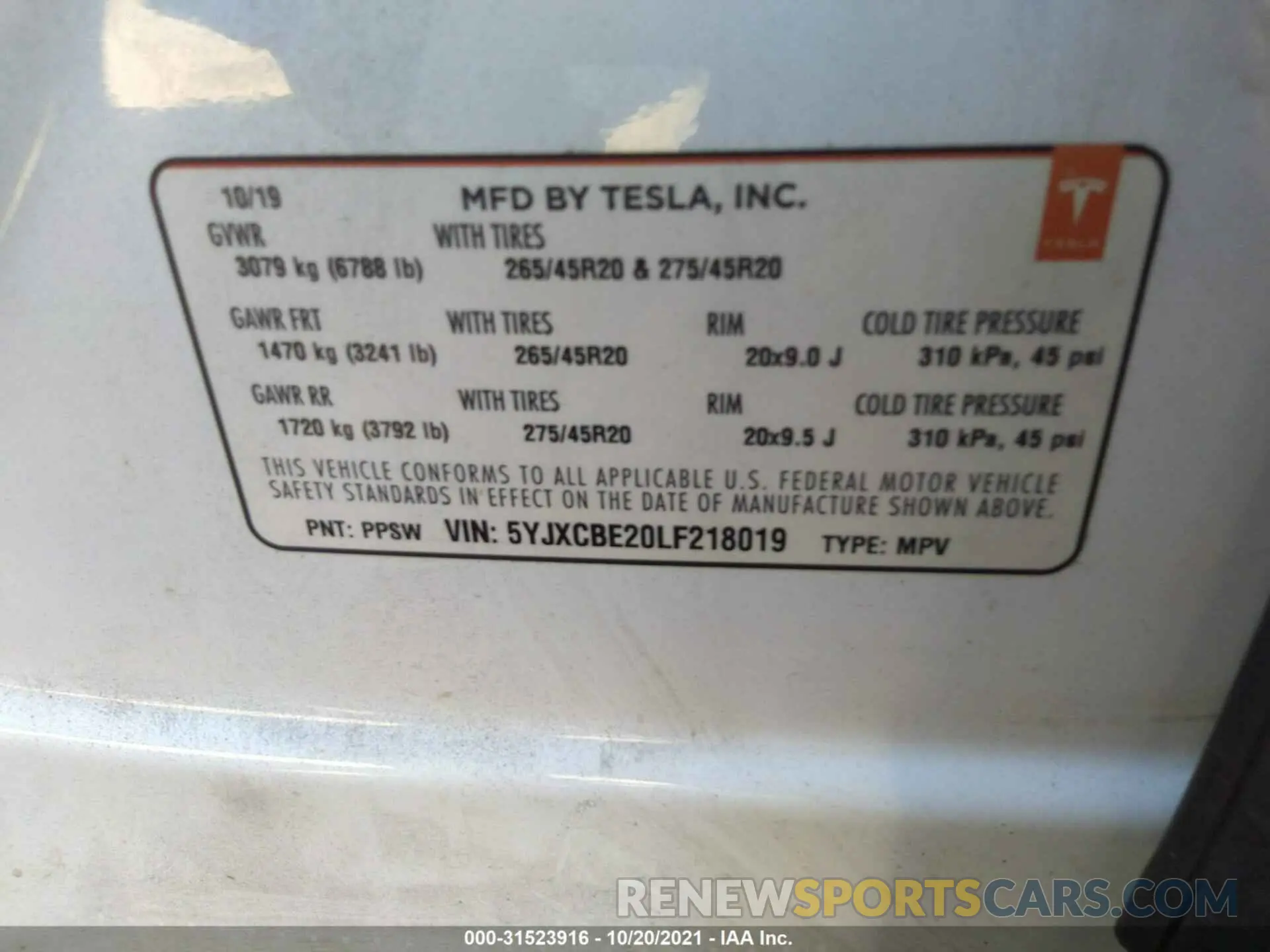9 fotografías del automóvil dañado 5YJXCBE20LF218019 TESLA MODEL X 2020