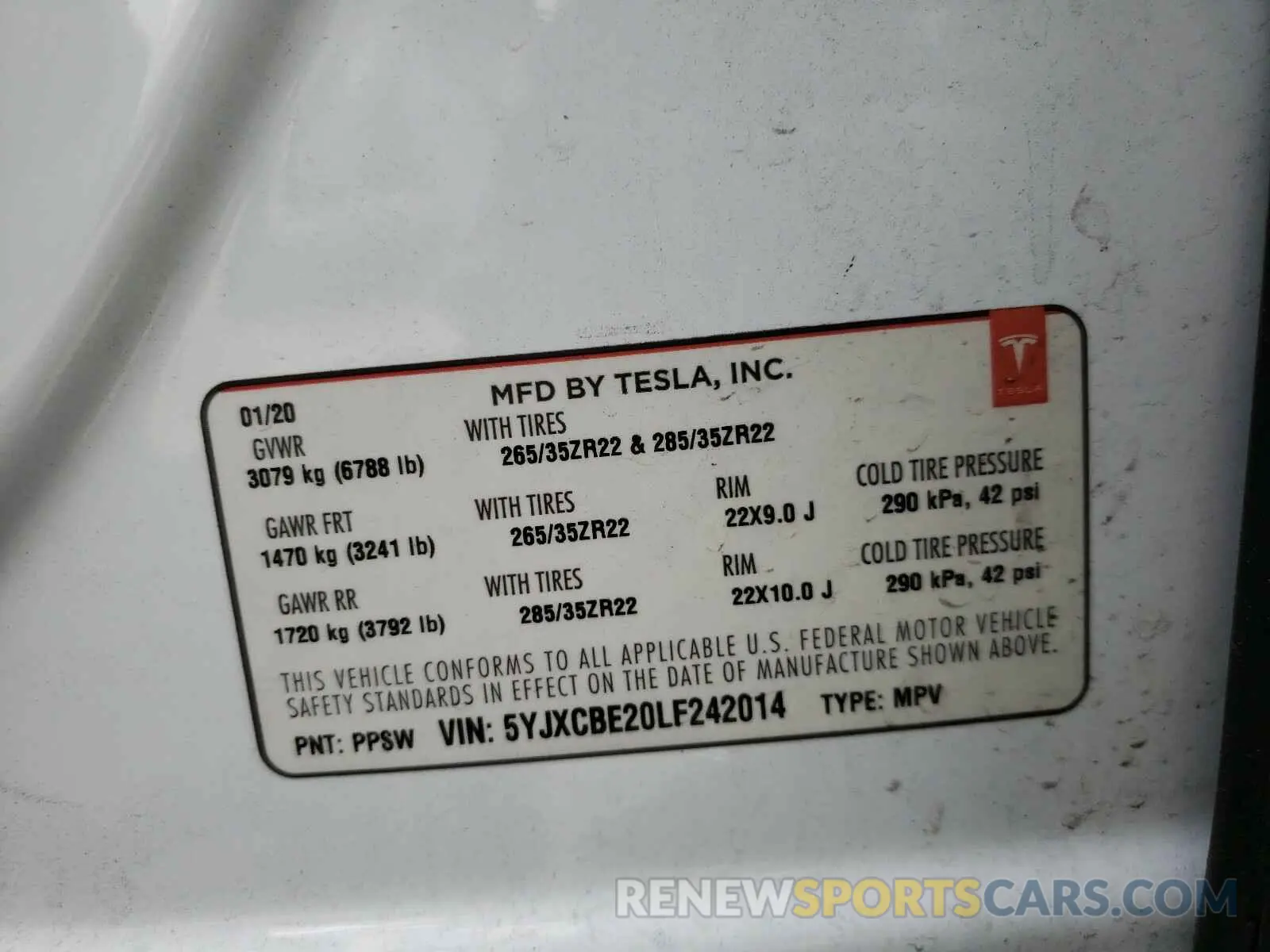 10 fotografías del automóvil dañado 5YJXCBE20LF242014 TESLA MODEL X 2020