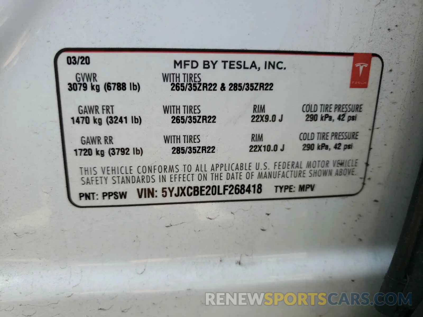 10 fotografías del automóvil dañado 5YJXCBE20LF268418 TESLA MODEL X 2020