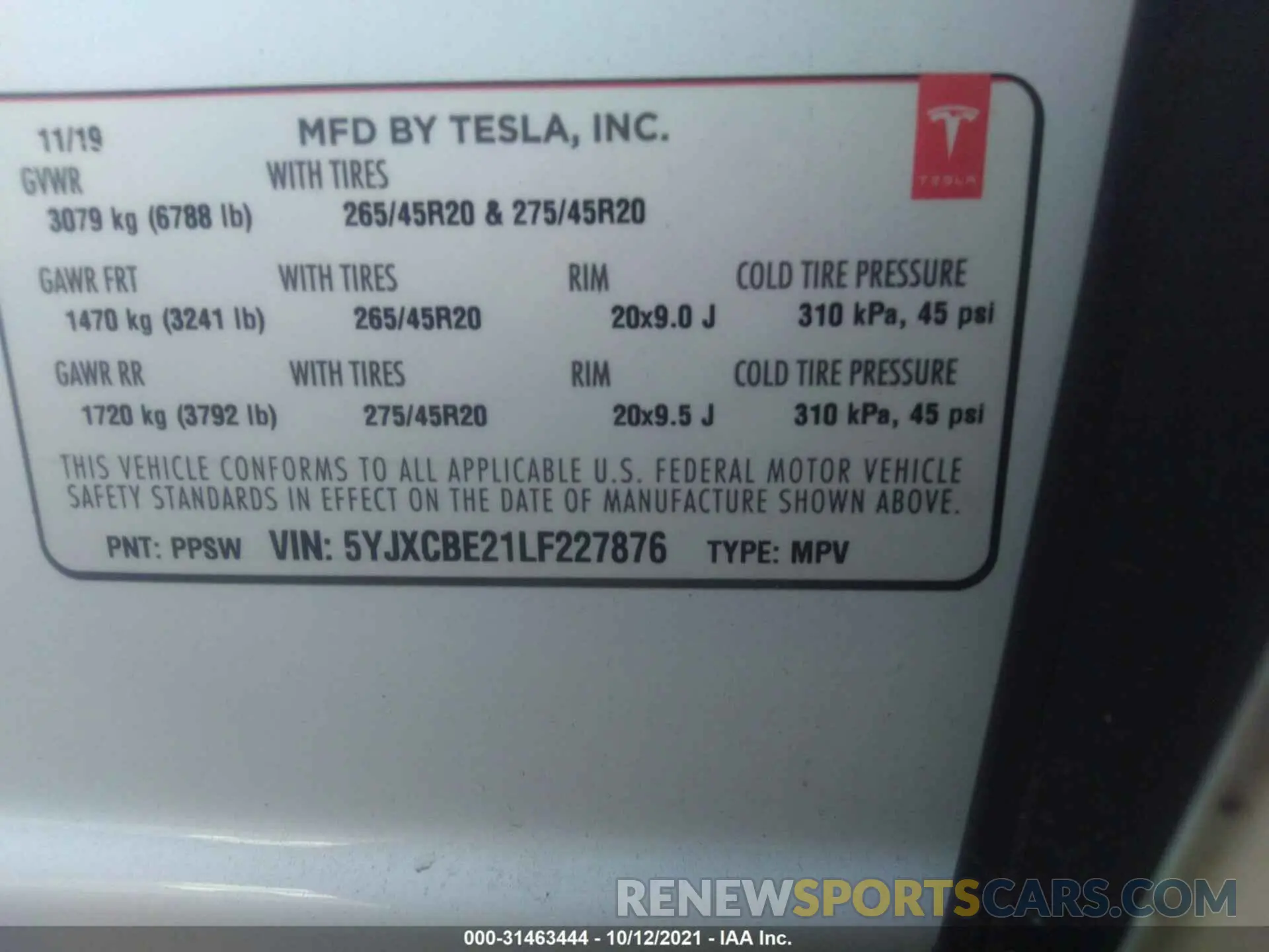 9 fotografías del automóvil dañado 5YJXCBE21LF227876 TESLA MODEL X 2020