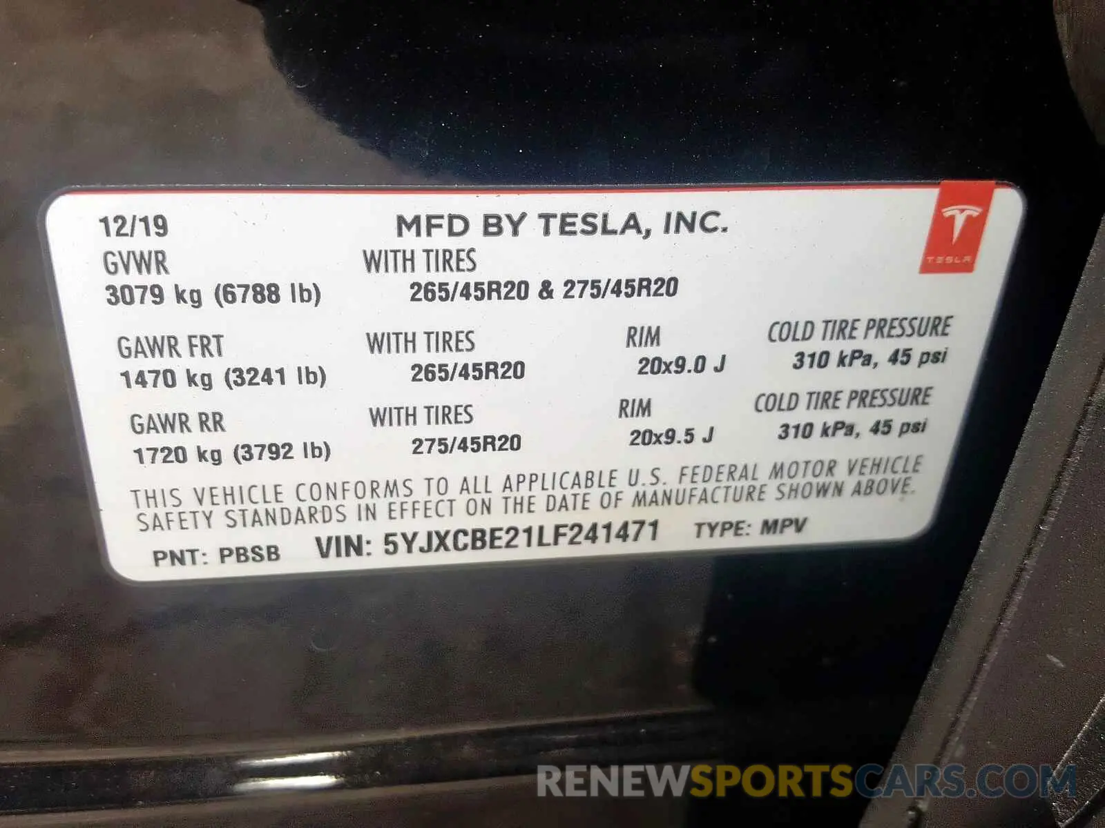 10 fotografías del automóvil dañado 5YJXCBE21LF241471 TESLA MODEL X 2020