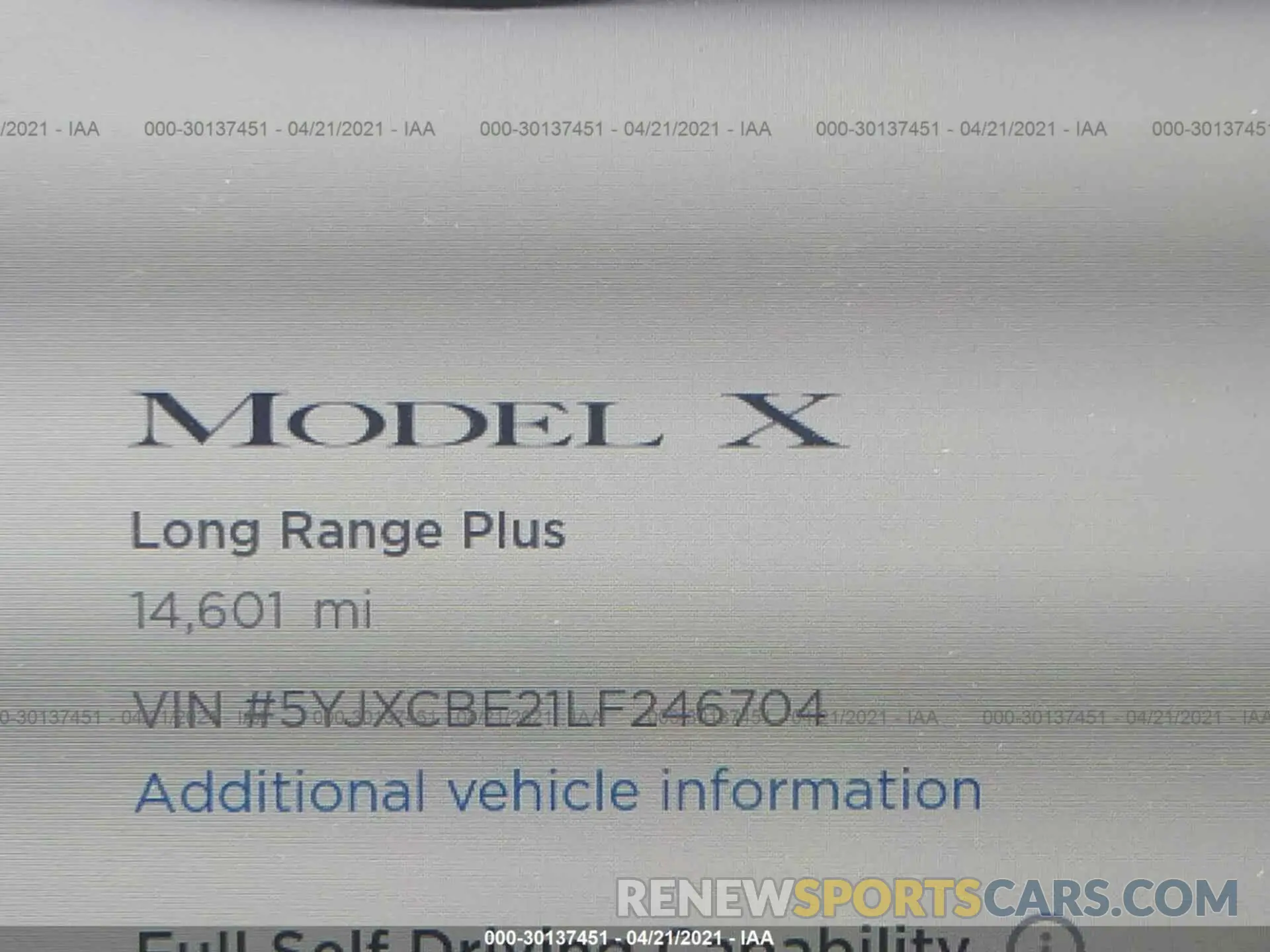 7 fotografías del automóvil dañado 5YJXCBE21LF246704 TESLA MODEL X 2020