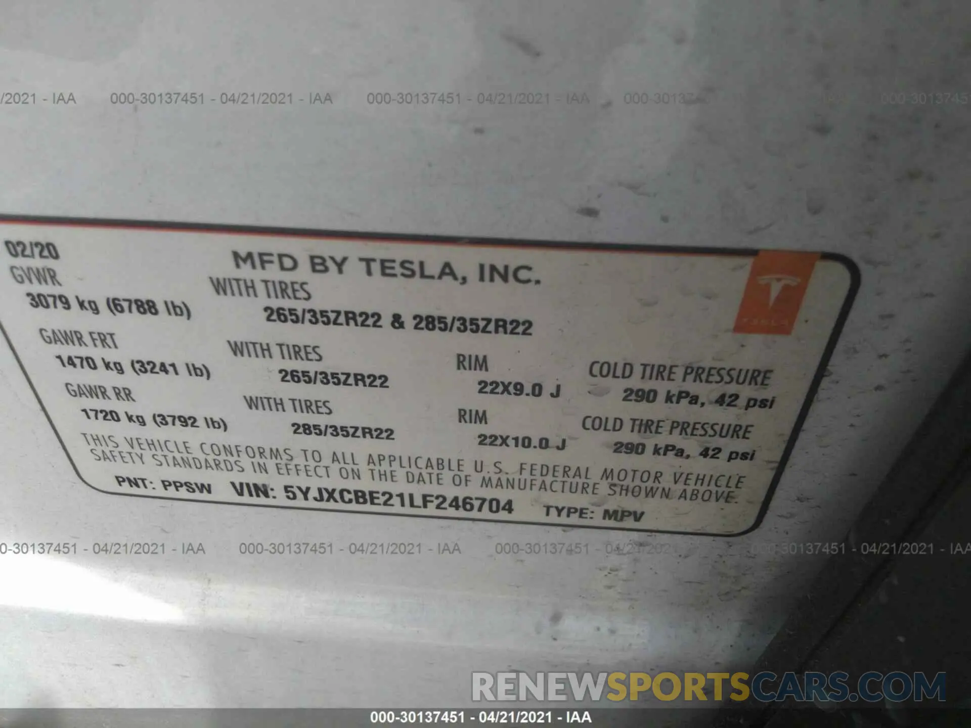 9 fotografías del automóvil dañado 5YJXCBE21LF246704 TESLA MODEL X 2020