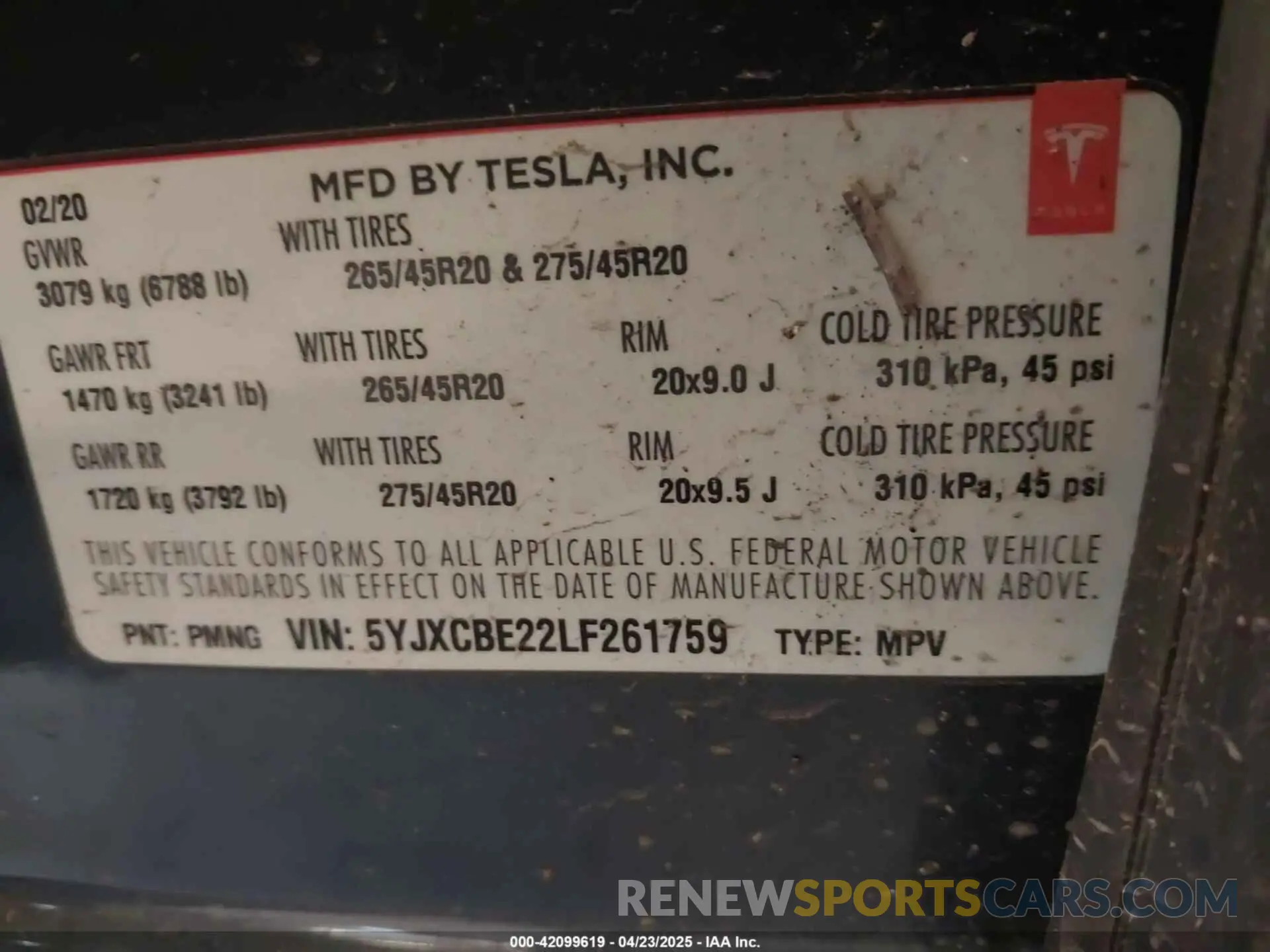 9 fotografías del automóvil dañado 5YJXCBE22LF261759 TESLA MODEL X 2020