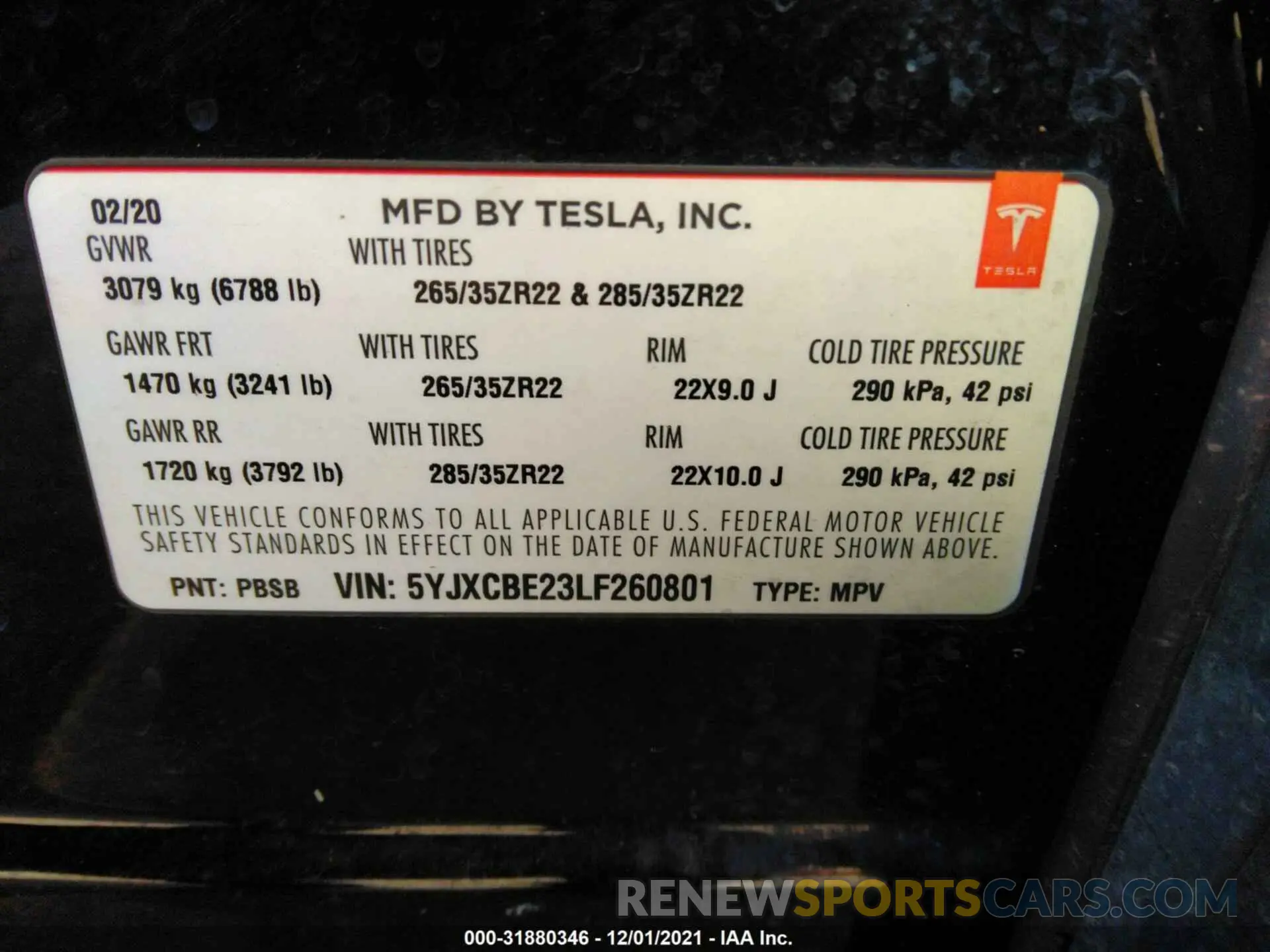 9 fotografías del automóvil dañado 5YJXCBE23LF260801 TESLA MODEL X 2020