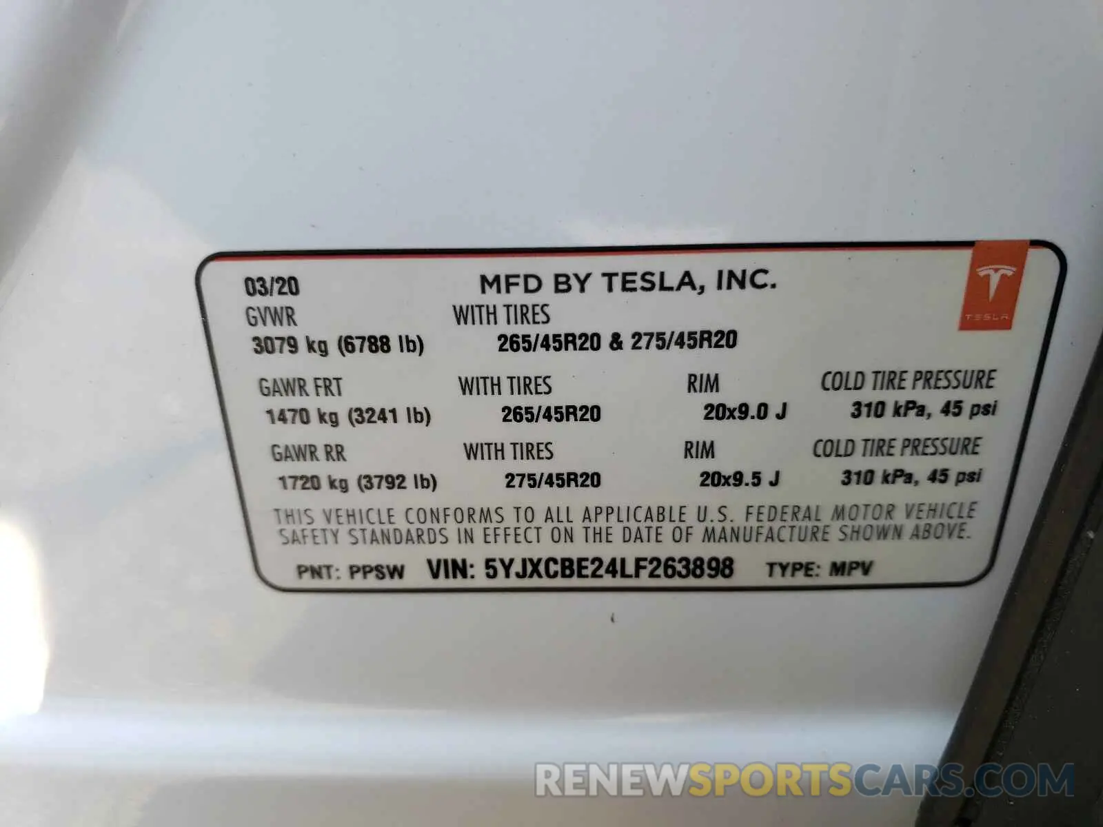 10 fotografías del automóvil dañado 5YJXCBE24LF263898 TESLA MODEL X 2020