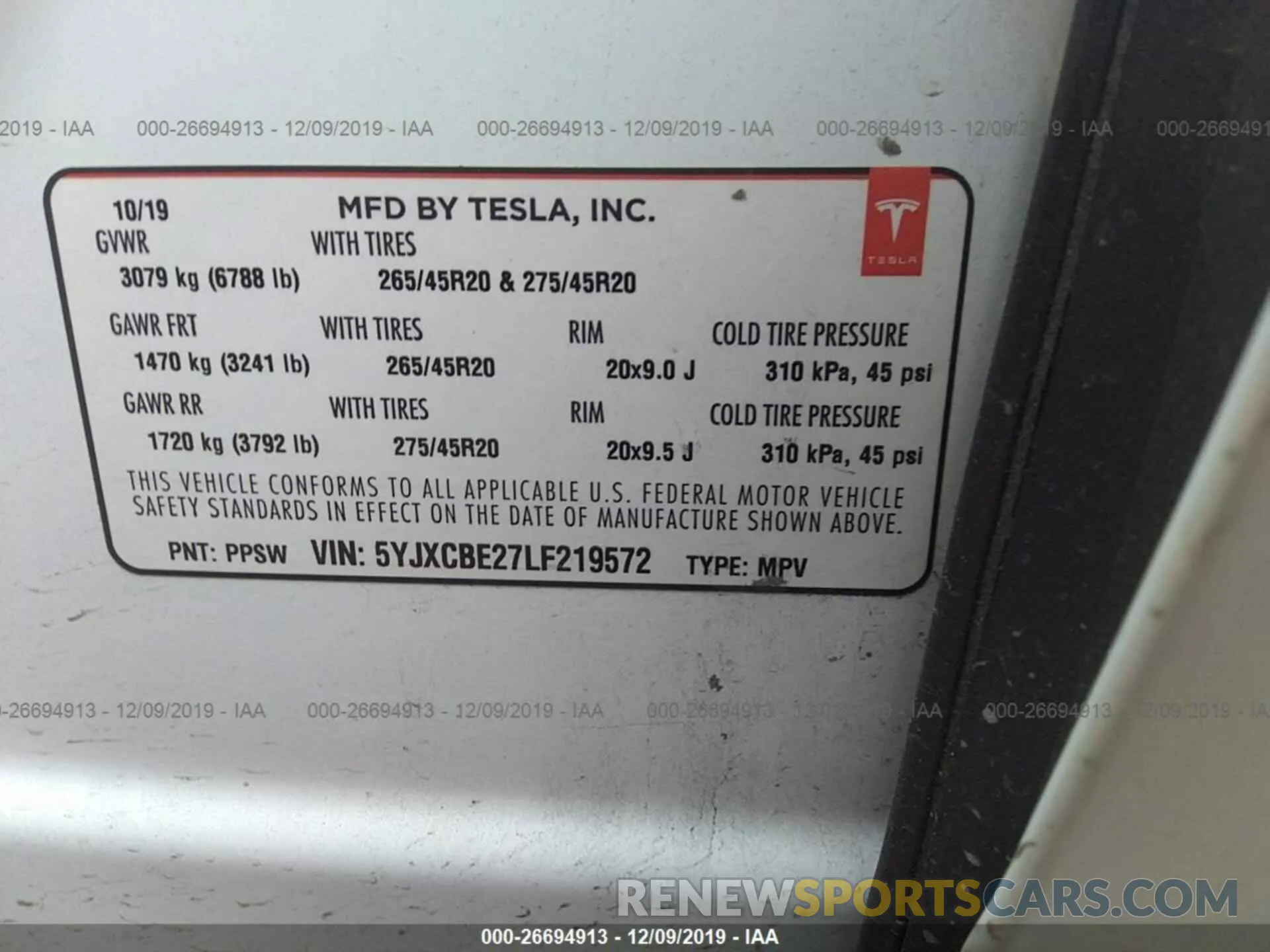 9 fotografías del automóvil dañado 5YJXCBE27LF219572 TESLA MODEL X 2020