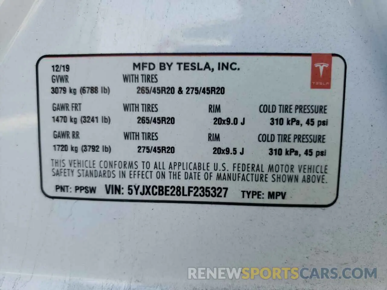 10 fotografías del automóvil dañado 5YJXCBE28LF235327 TESLA MODEL X 2020