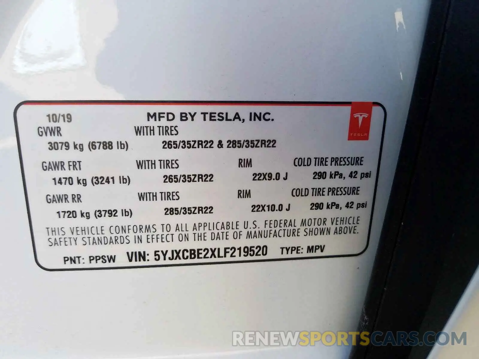 10 fotografías del automóvil dañado 5YJXCBE2XLF219520 TESLA MODEL X 2020