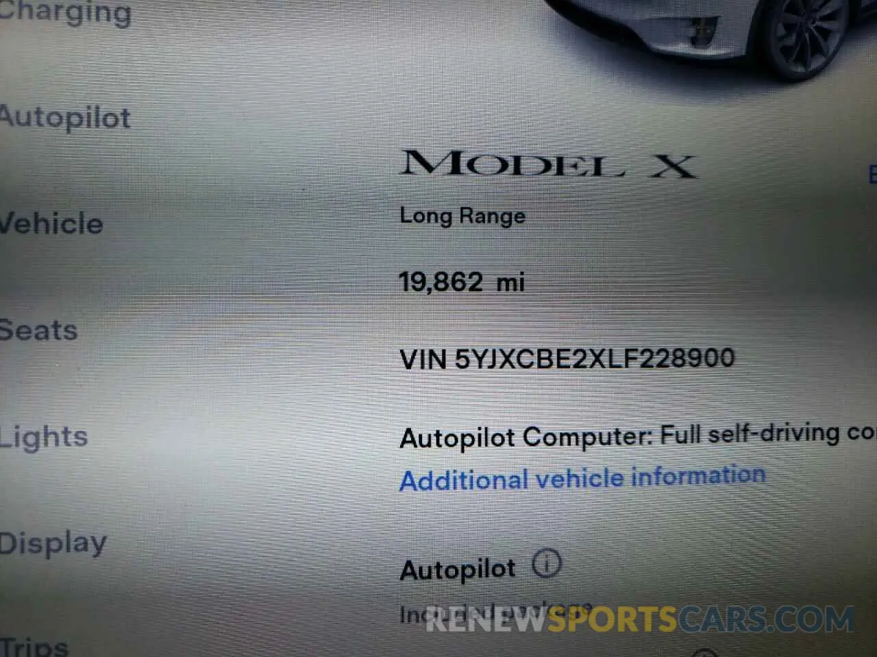 8 fotografías del automóvil dañado 5YJXCBE2XLF228900 TESLA MODEL X 2020
