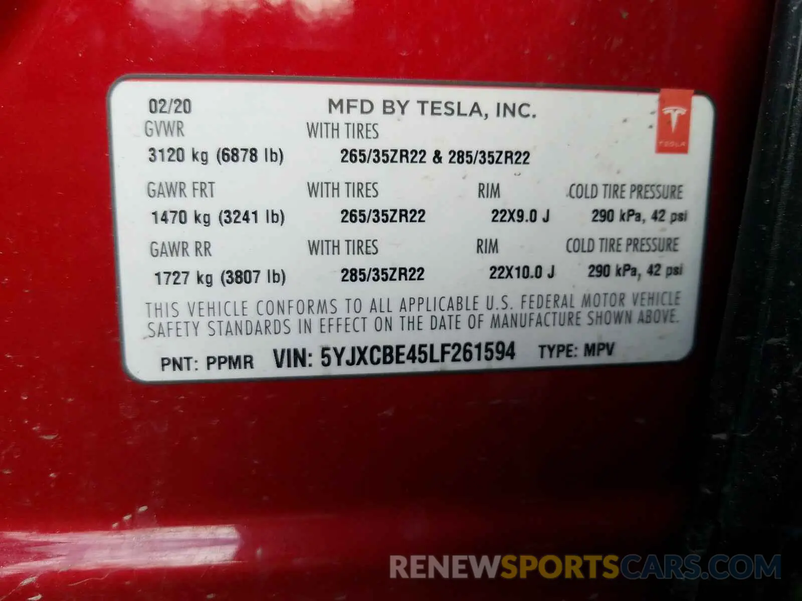 10 fotografías del automóvil dañado 5YJXCBE45LF261594 TESLA MODEL X 2020