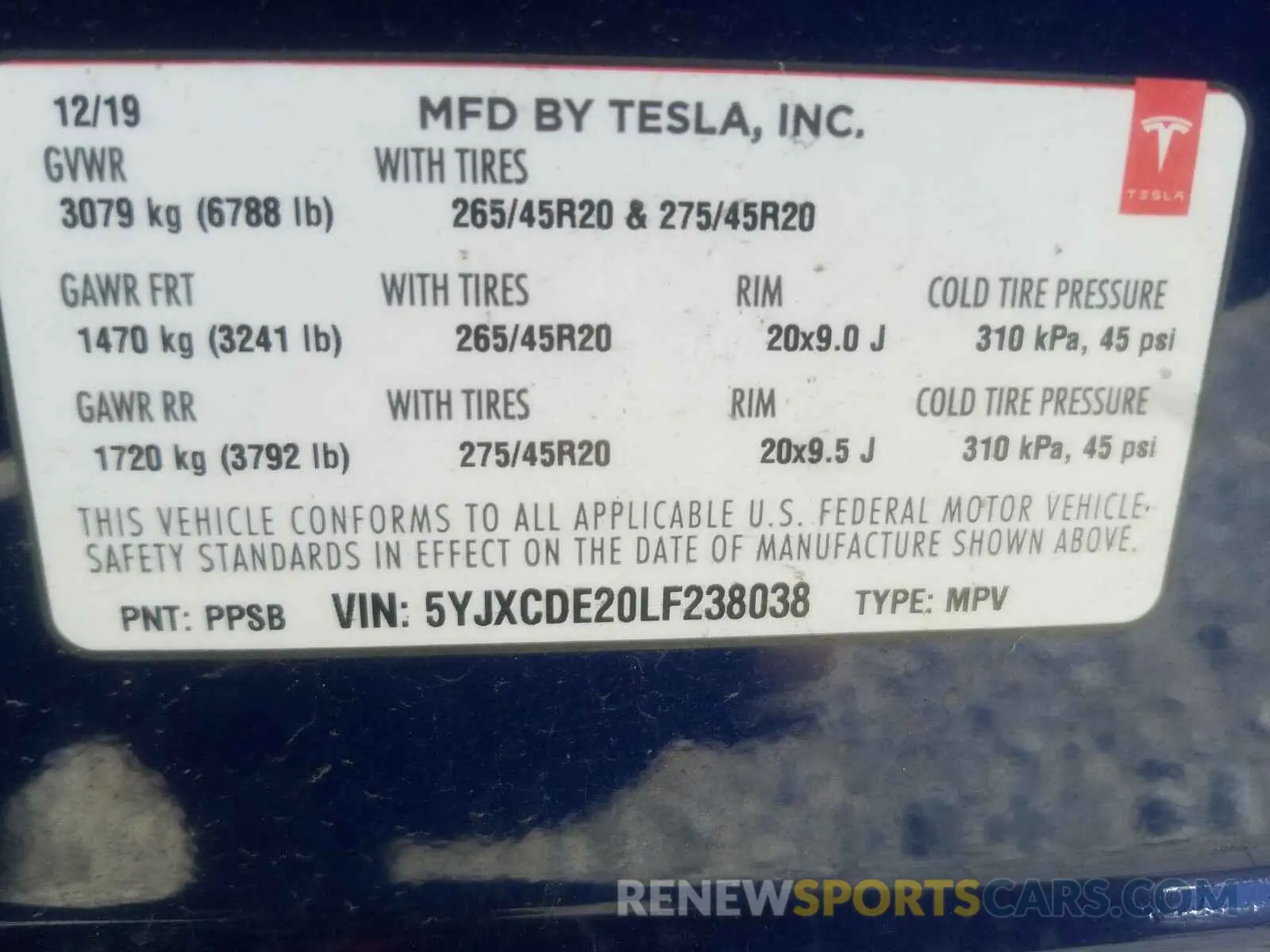 10 fotografías del automóvil dañado 5YJXCDE20LF238038 TESLA MODEL X 2020
