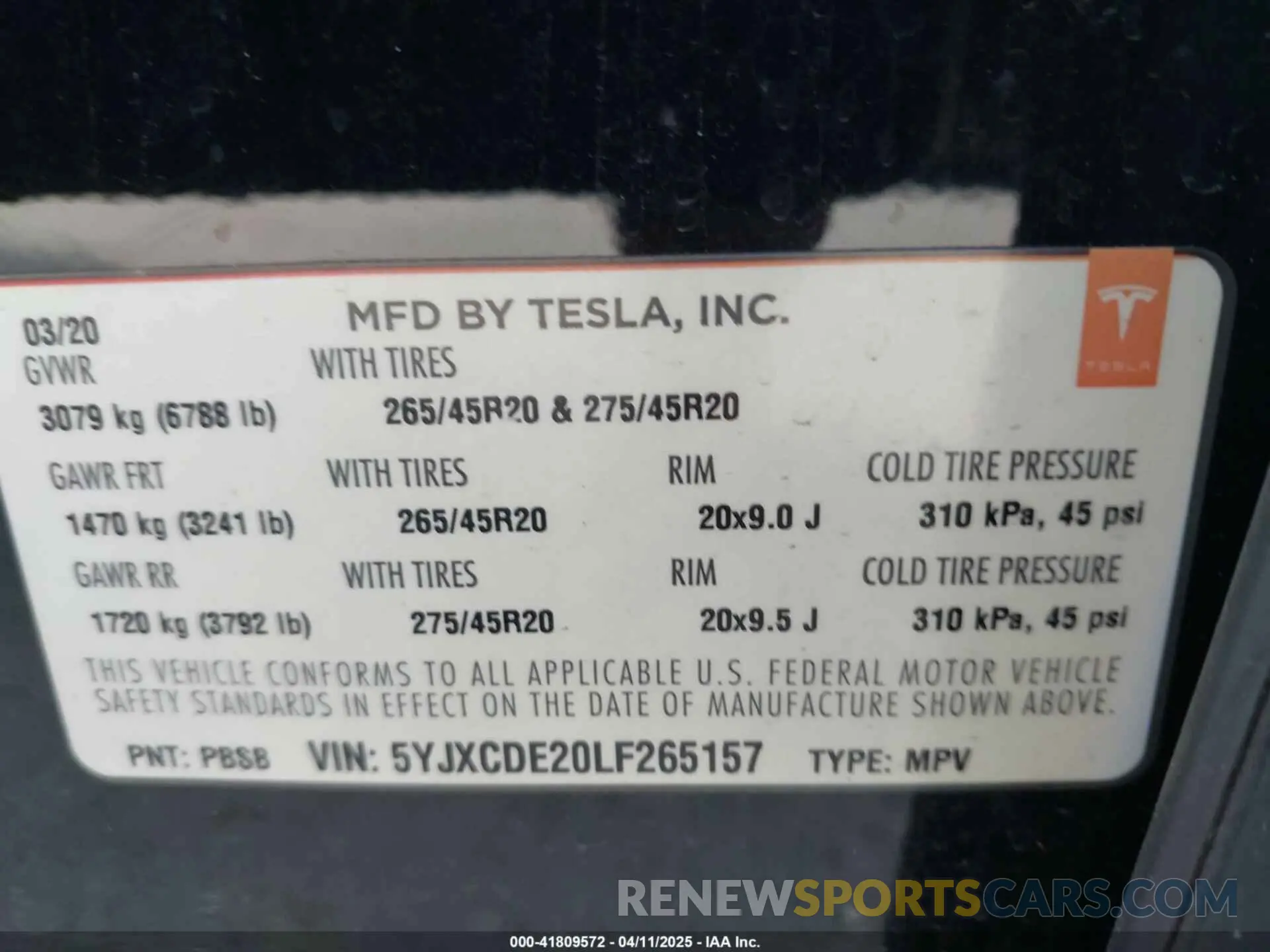 9 fotografías del automóvil dañado 5YJXCDE20LF265157 TESLA MODEL X 2020