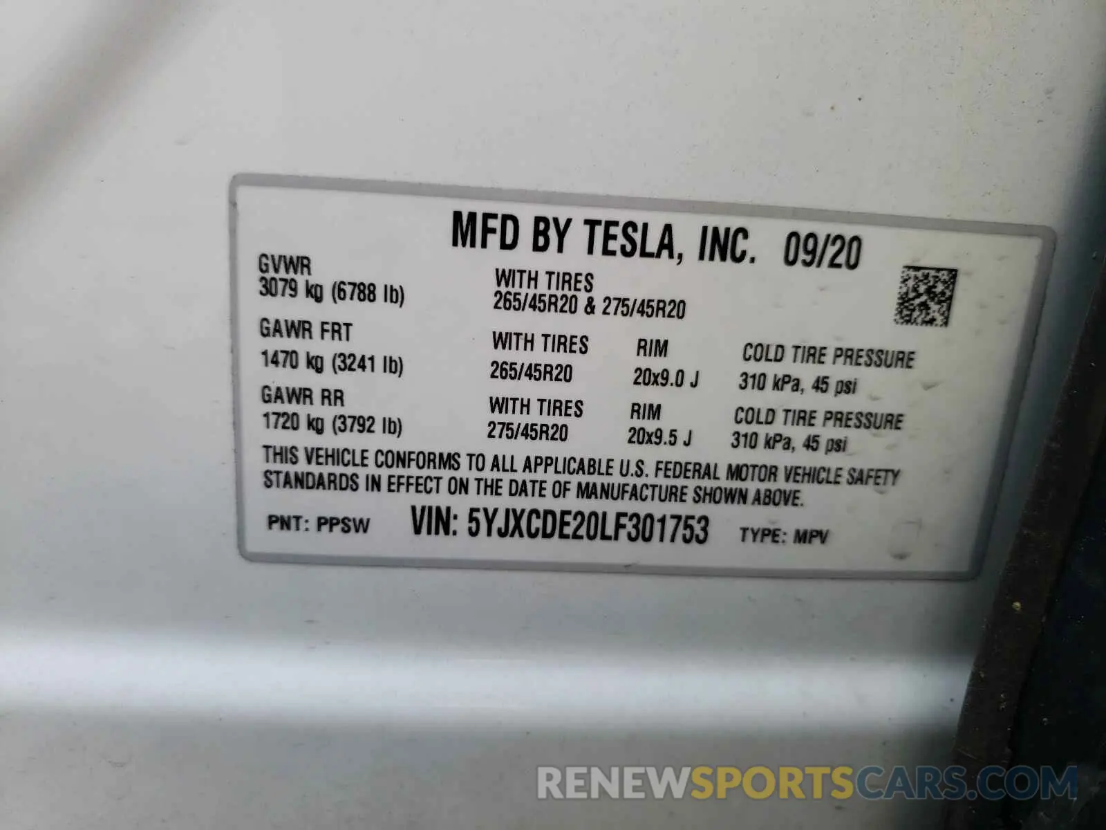 10 fotografías del automóvil dañado 5YJXCDE20LF301753 TESLA MODEL X 2020
