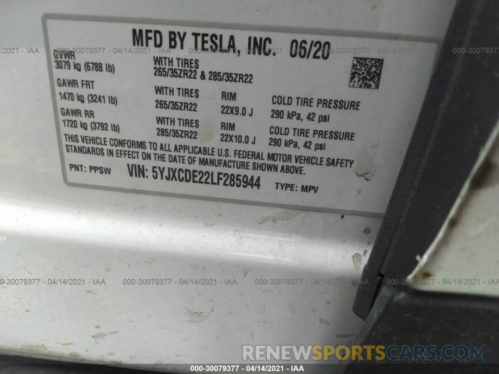 9 fotografías del automóvil dañado 5YJXCDE22LF285944 TESLA MODEL X 2020