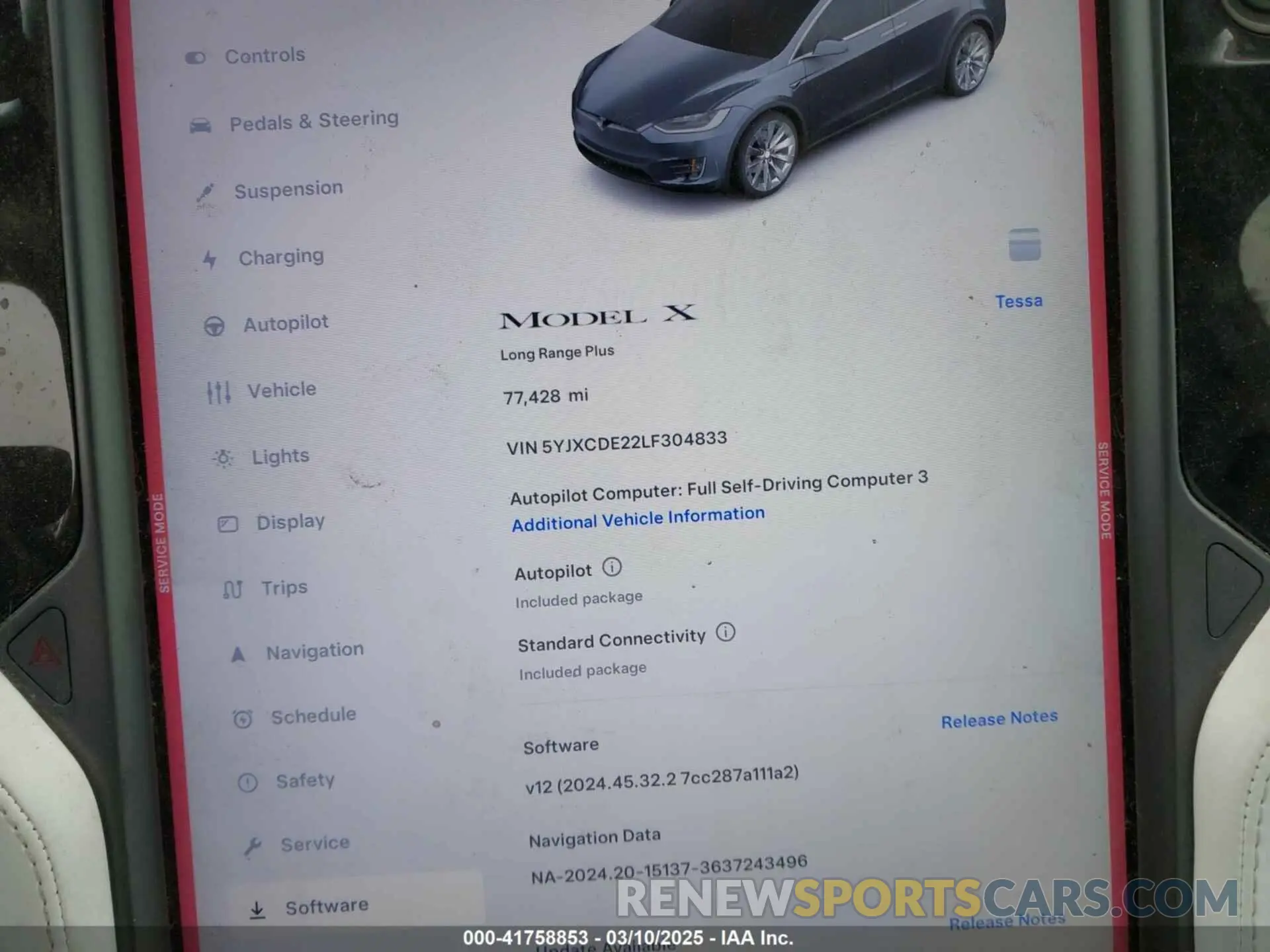 7 fotografías del automóvil dañado 5YJXCDE22LF304833 TESLA MODEL X 2020