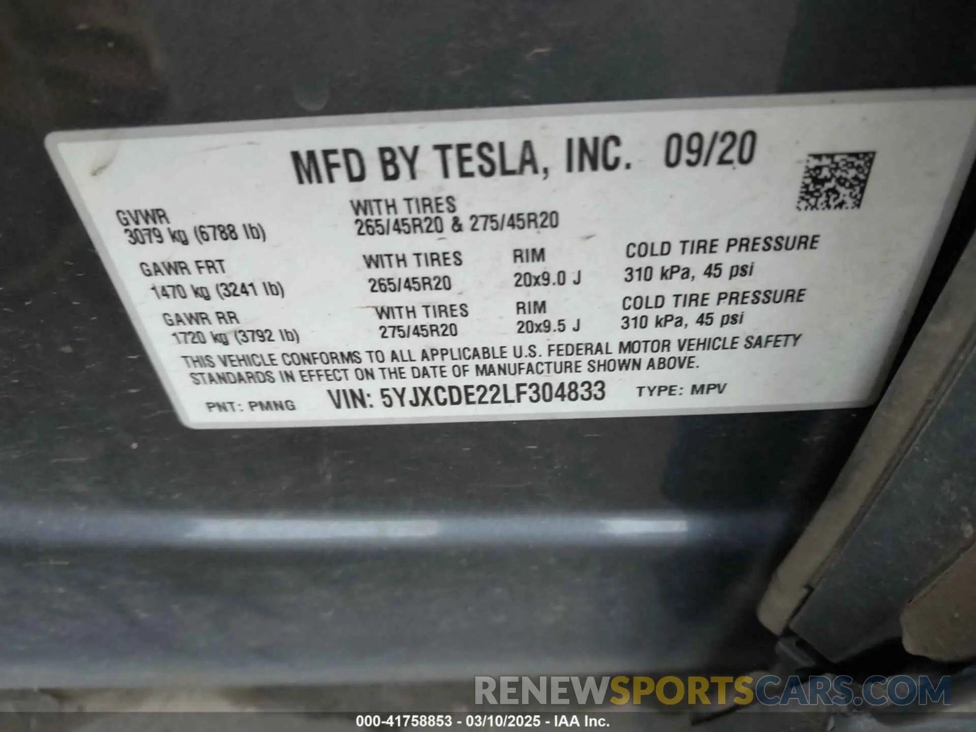 9 fotografías del automóvil dañado 5YJXCDE22LF304833 TESLA MODEL X 2020
