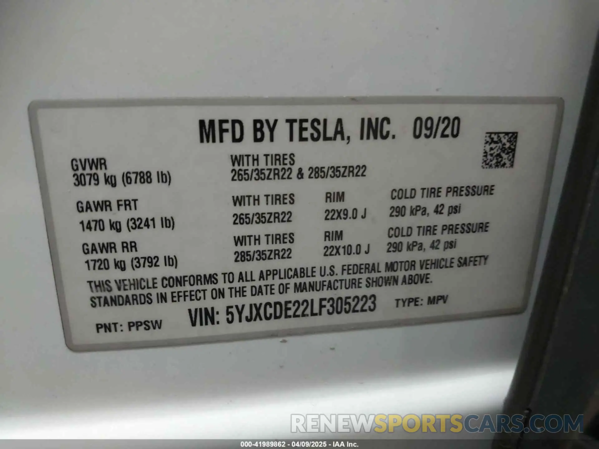 9 fotografías del automóvil dañado 5YJXCDE22LF305223 TESLA MODEL X 2020