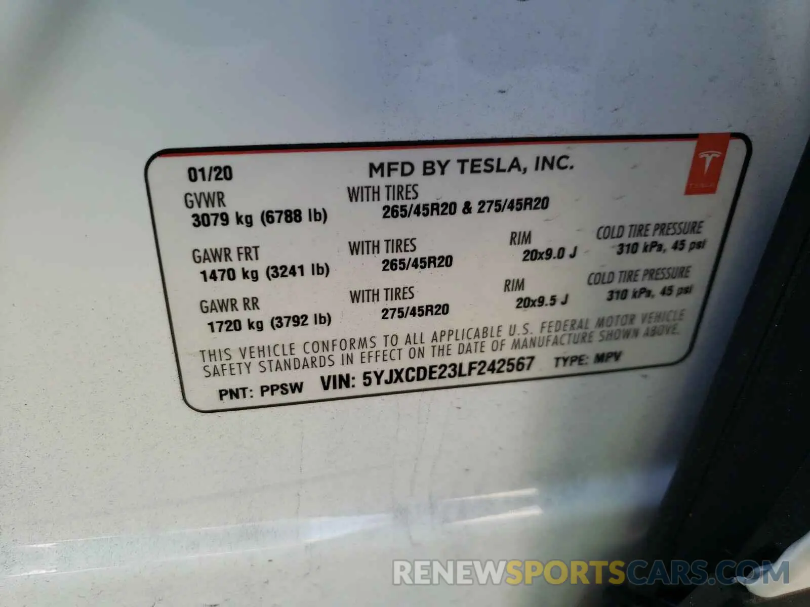 10 fotografías del automóvil dañado 5YJXCDE23LF242567 TESLA MODEL X 2020