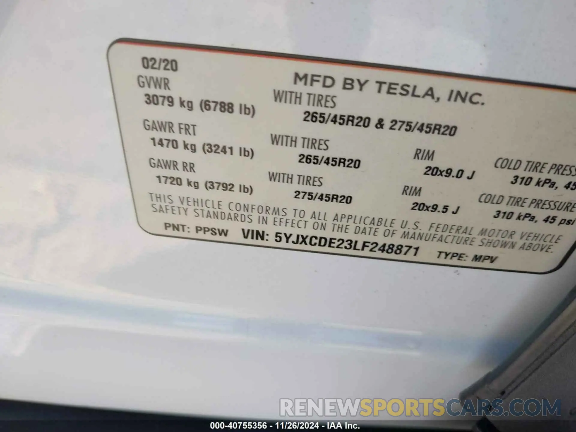 9 fotografías del automóvil dañado 5YJXCDE23LF248871 TESLA MODEL X 2020