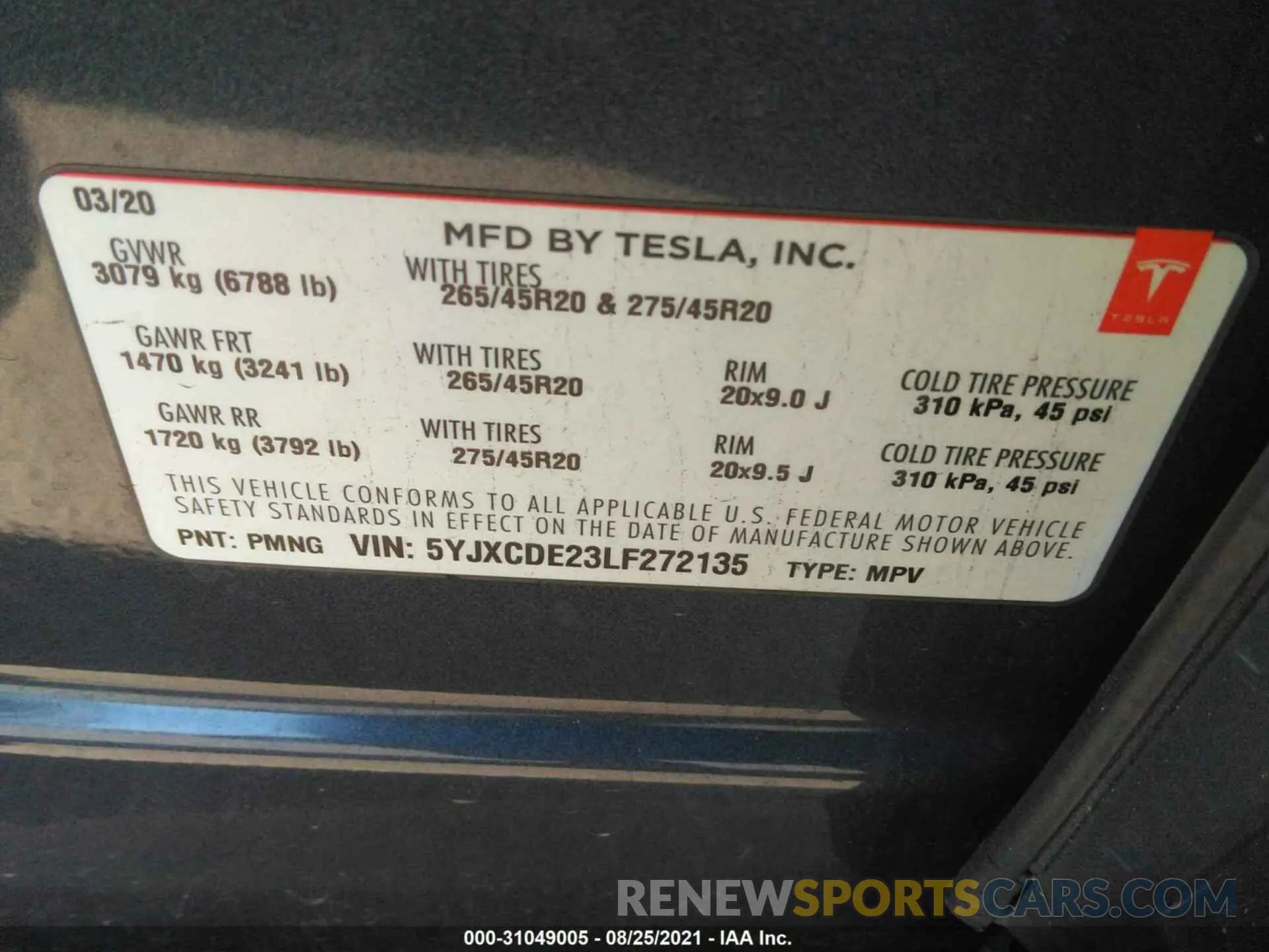 9 fotografías del automóvil dañado 5YJXCDE23LF272135 TESLA MODEL X 2020