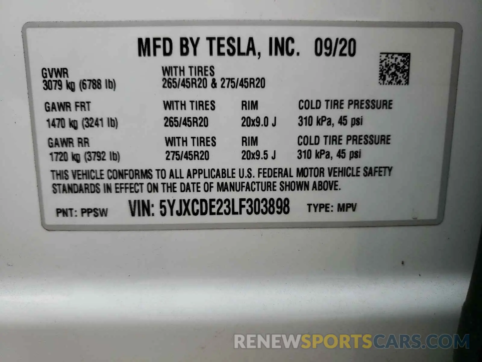 10 fotografías del automóvil dañado 5YJXCDE23LF303898 TESLA MODEL X 2020