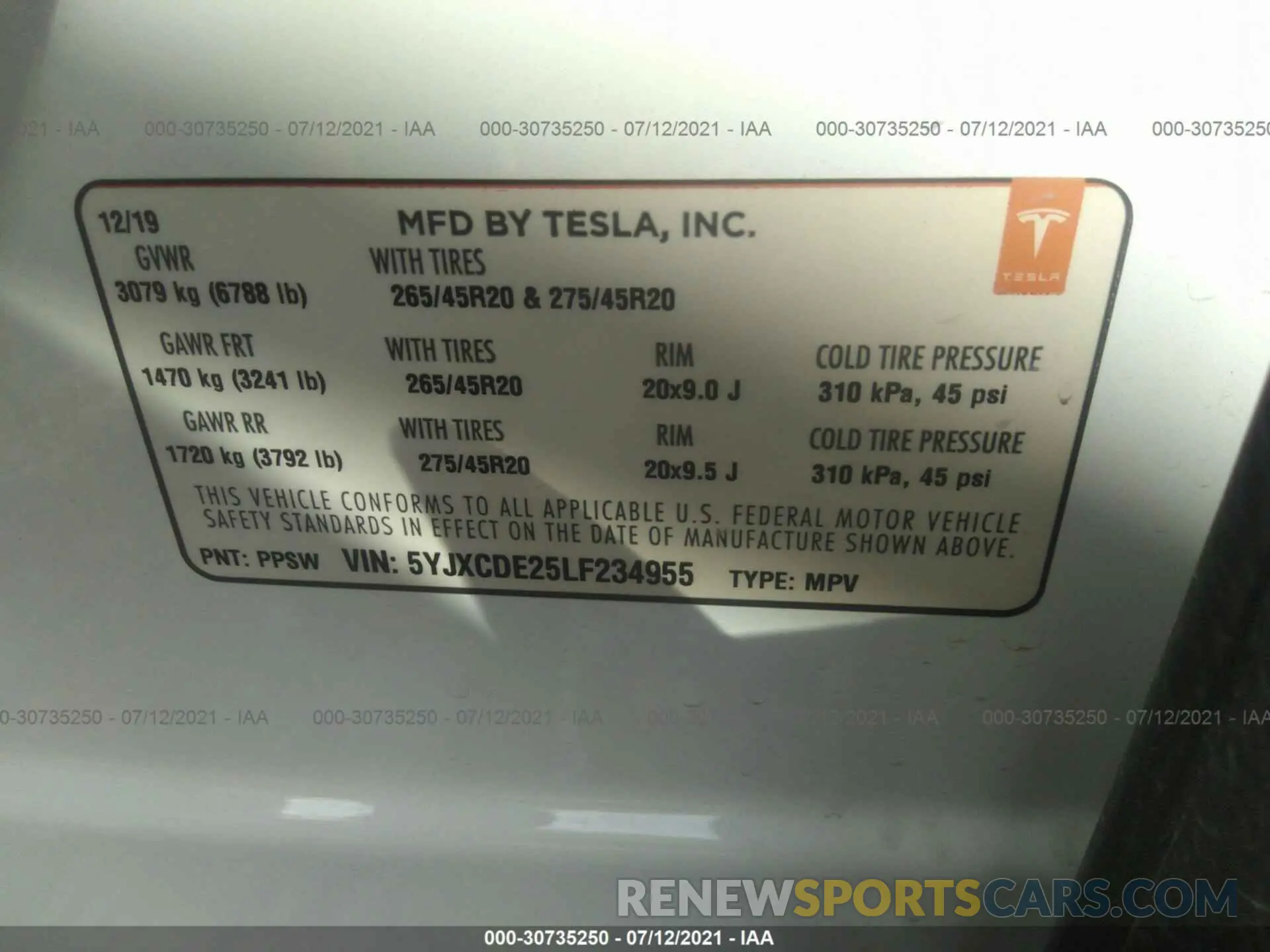 9 fotografías del automóvil dañado 5YJXCDE25LF234955 TESLA MODEL X 2020