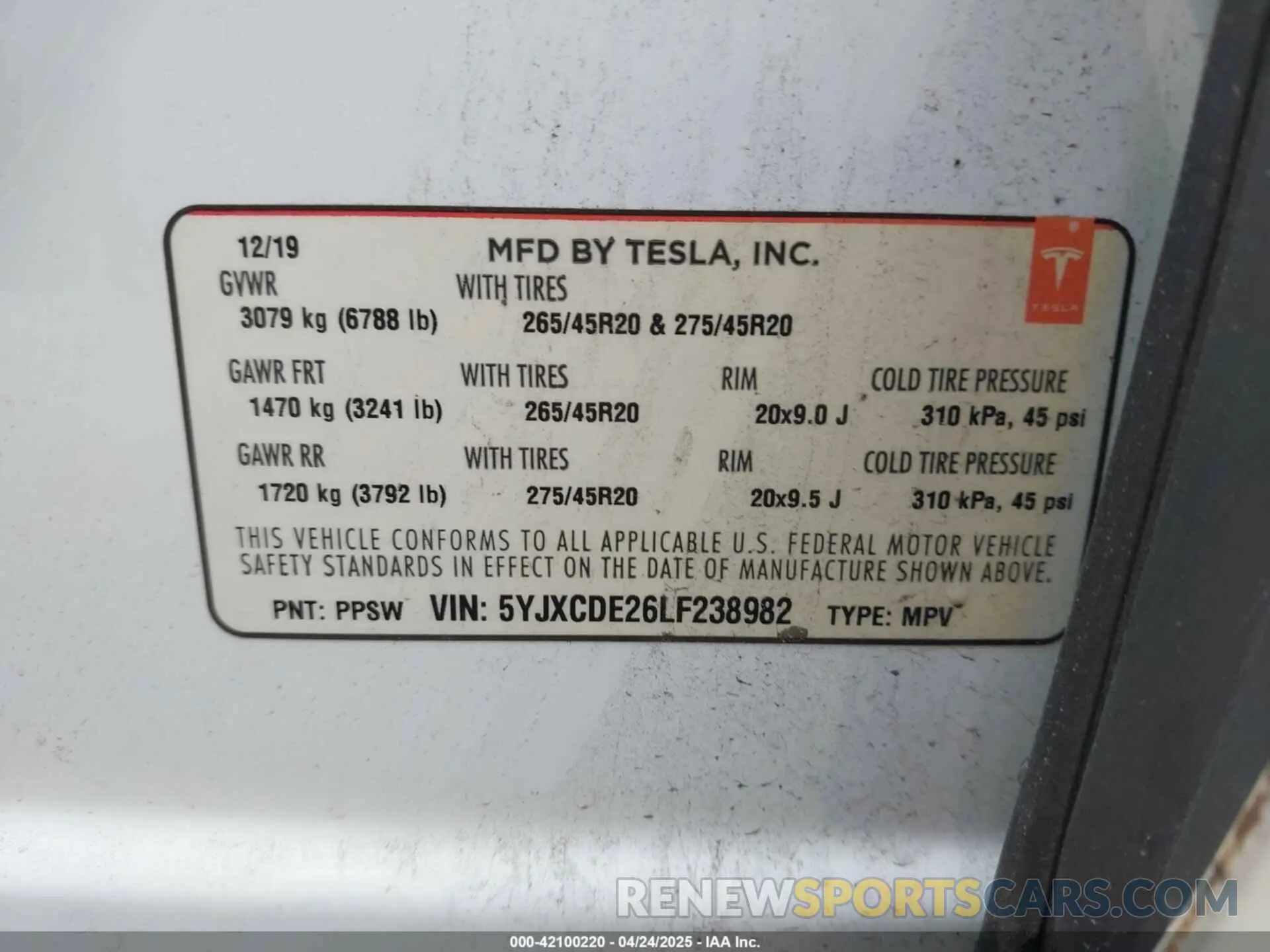 9 fotografías del automóvil dañado 5YJXCDE26LF238982 TESLA MODEL X 2020