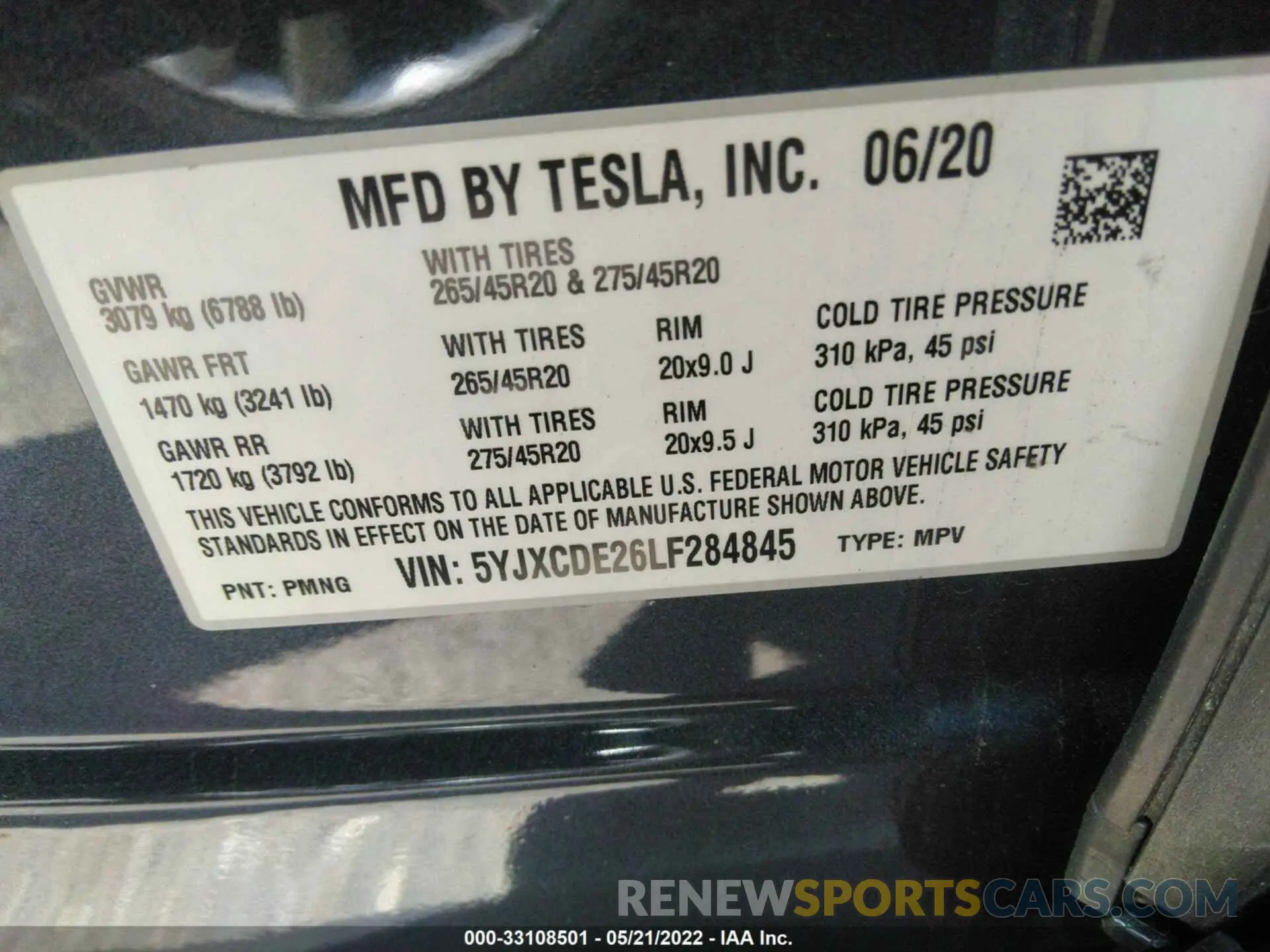 9 fotografías del automóvil dañado 5YJXCDE26LF284845 TESLA MODEL X 2020