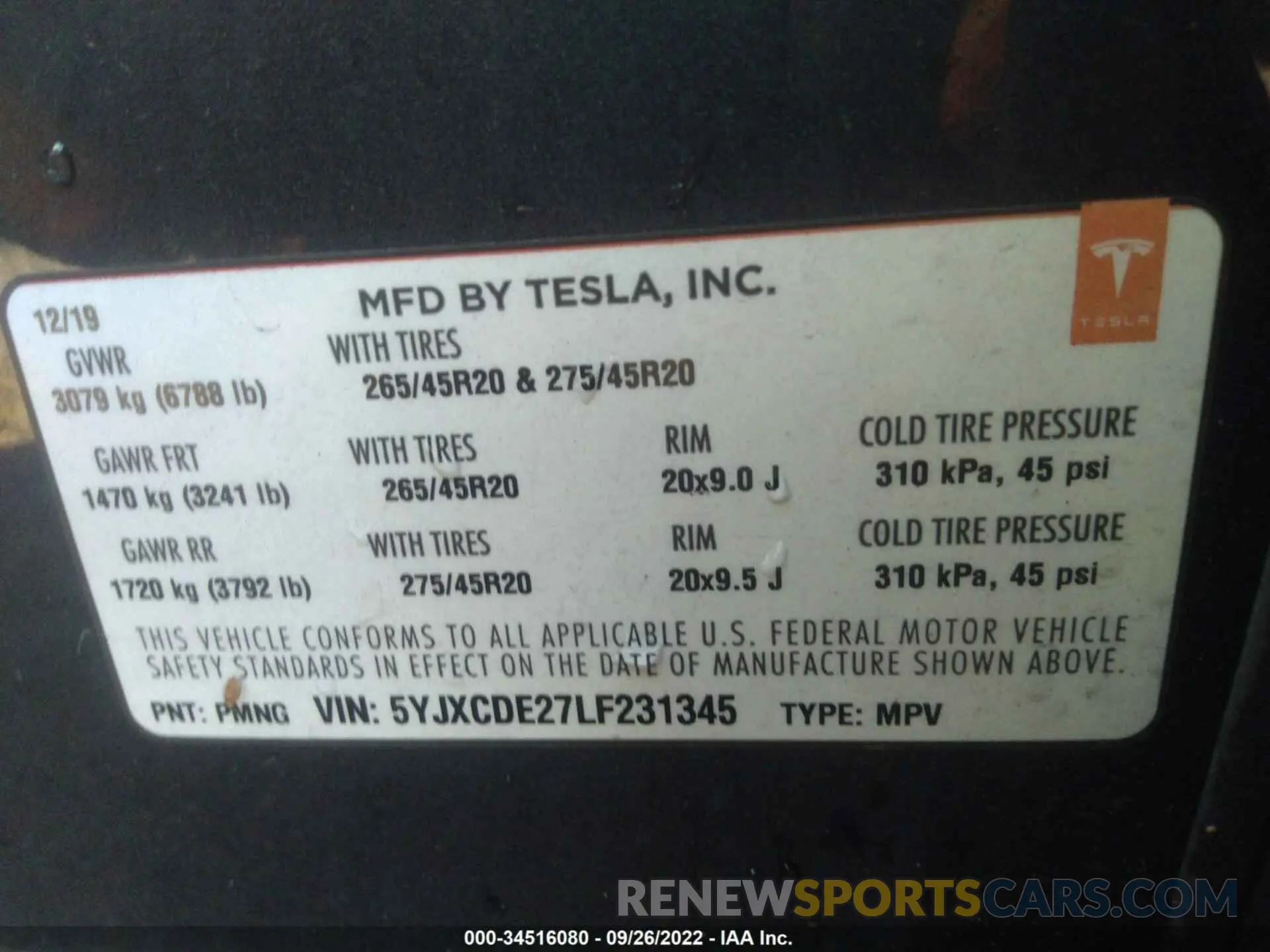 9 fotografías del automóvil dañado 5YJXCDE27LF231345 TESLA MODEL X 2020