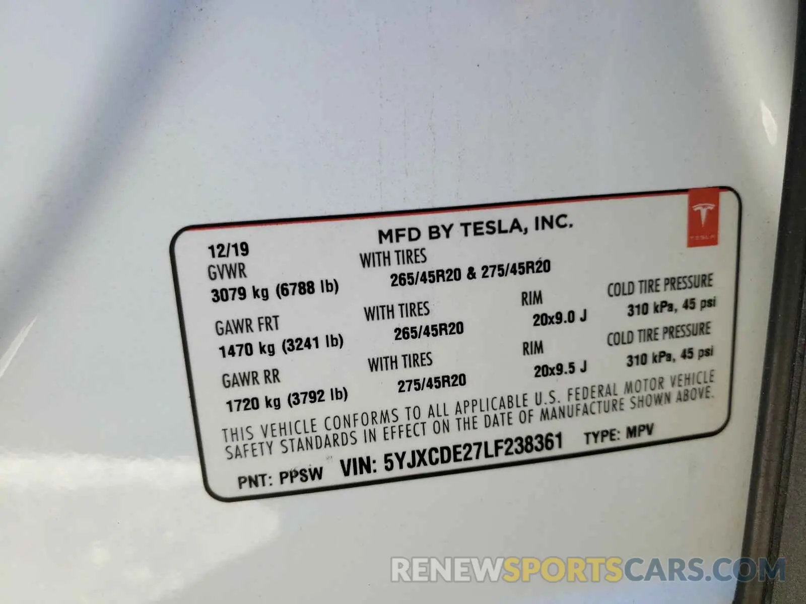 10 fotografías del automóvil dañado 5YJXCDE27LF238361 TESLA MODEL X 2020