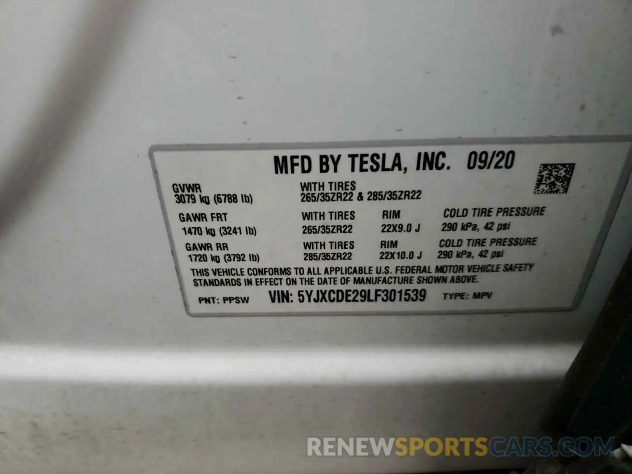 10 fotografías del automóvil dañado 5YJXCDE29LF301539 TESLA MODEL X 2020