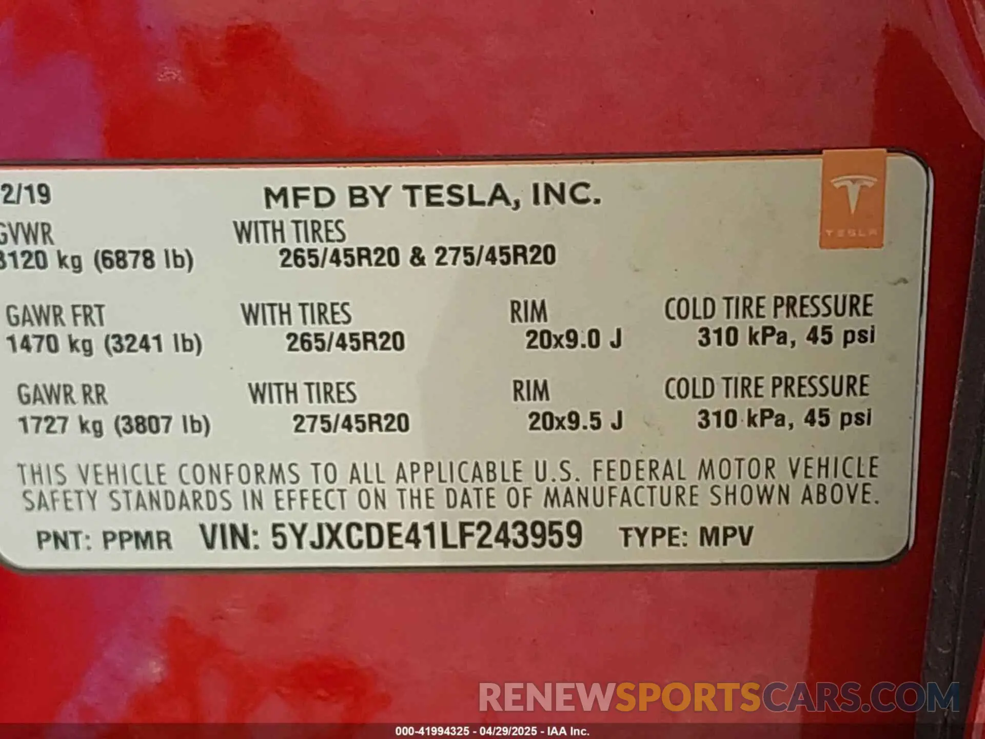 9 fotografías del automóvil dañado 5YJXCDE41LF243959 TESLA MODEL X 2020