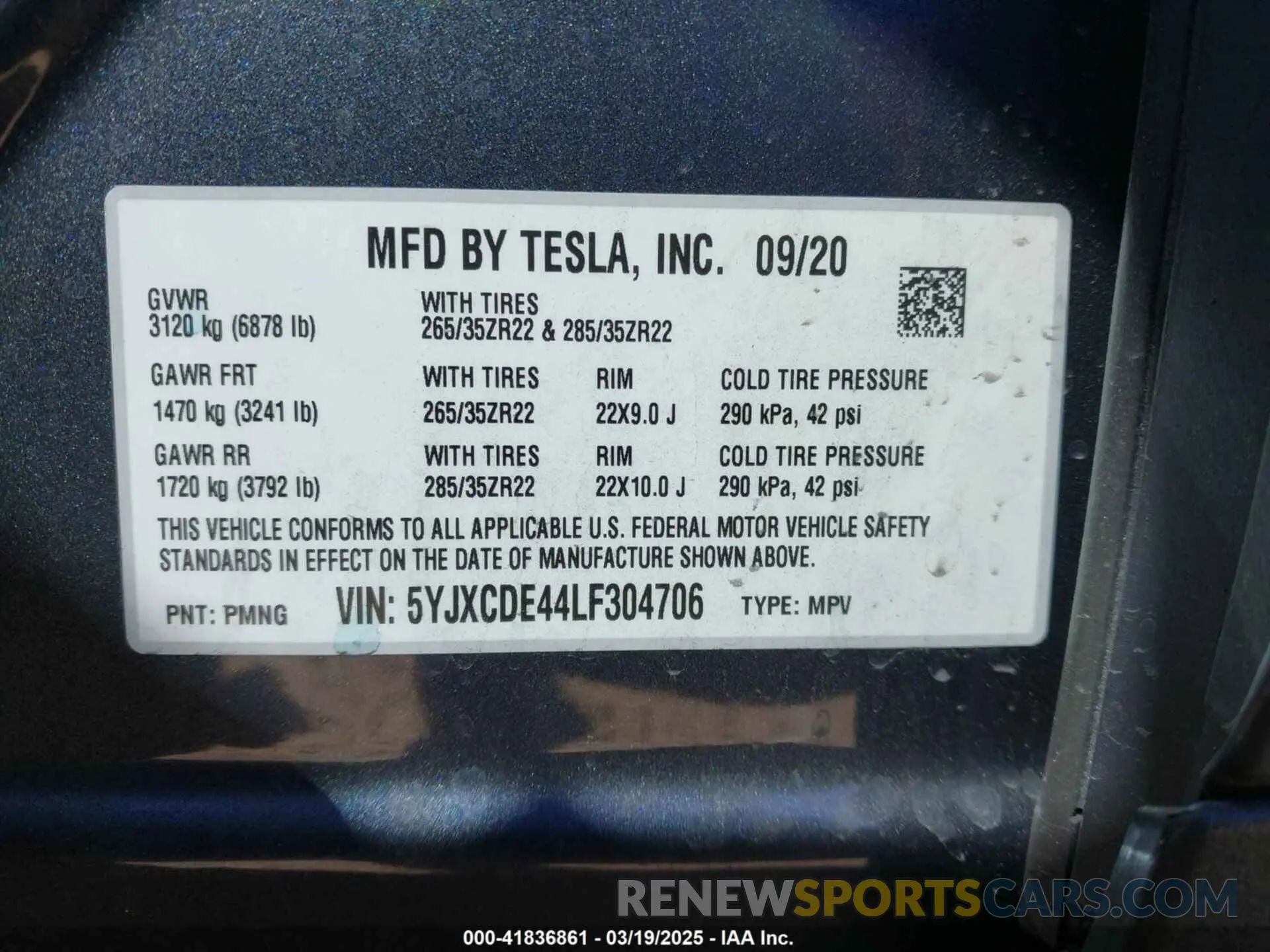 9 fotografías del automóvil dañado 5YJXCDE44LF304706 TESLA MODEL X 2020