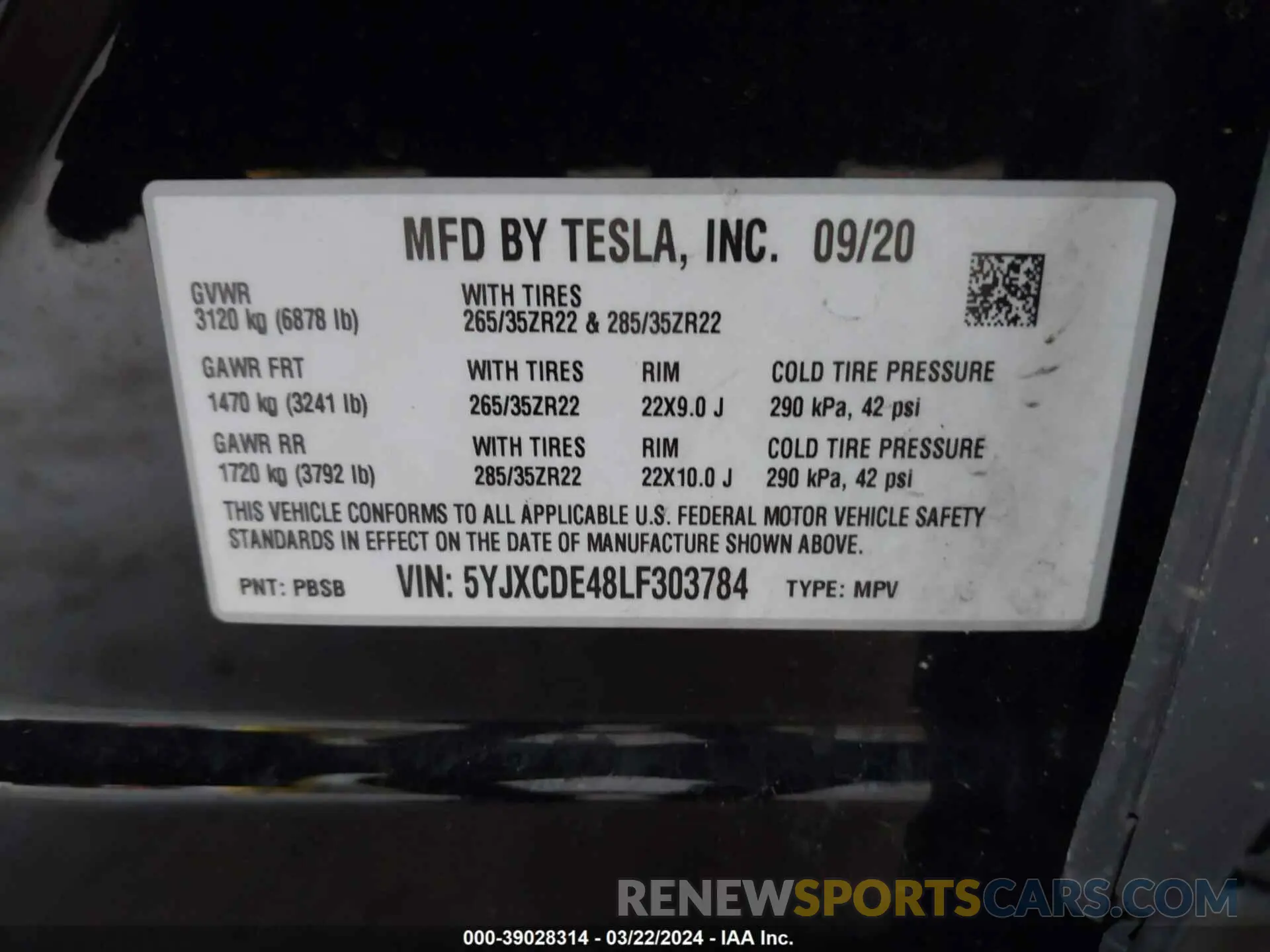 9 fotografías del automóvil dañado 5YJXCDE48LF303784 TESLA MODEL X 2020
