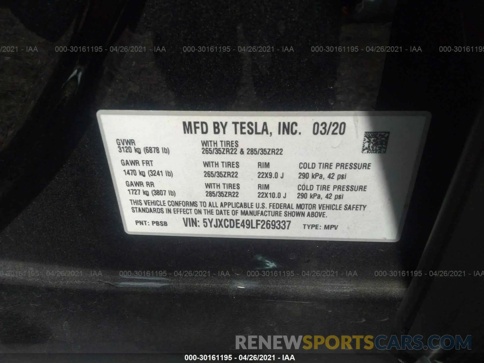 9 fotografías del automóvil dañado 5YJXCDE49LF269337 TESLA MODEL X 2020