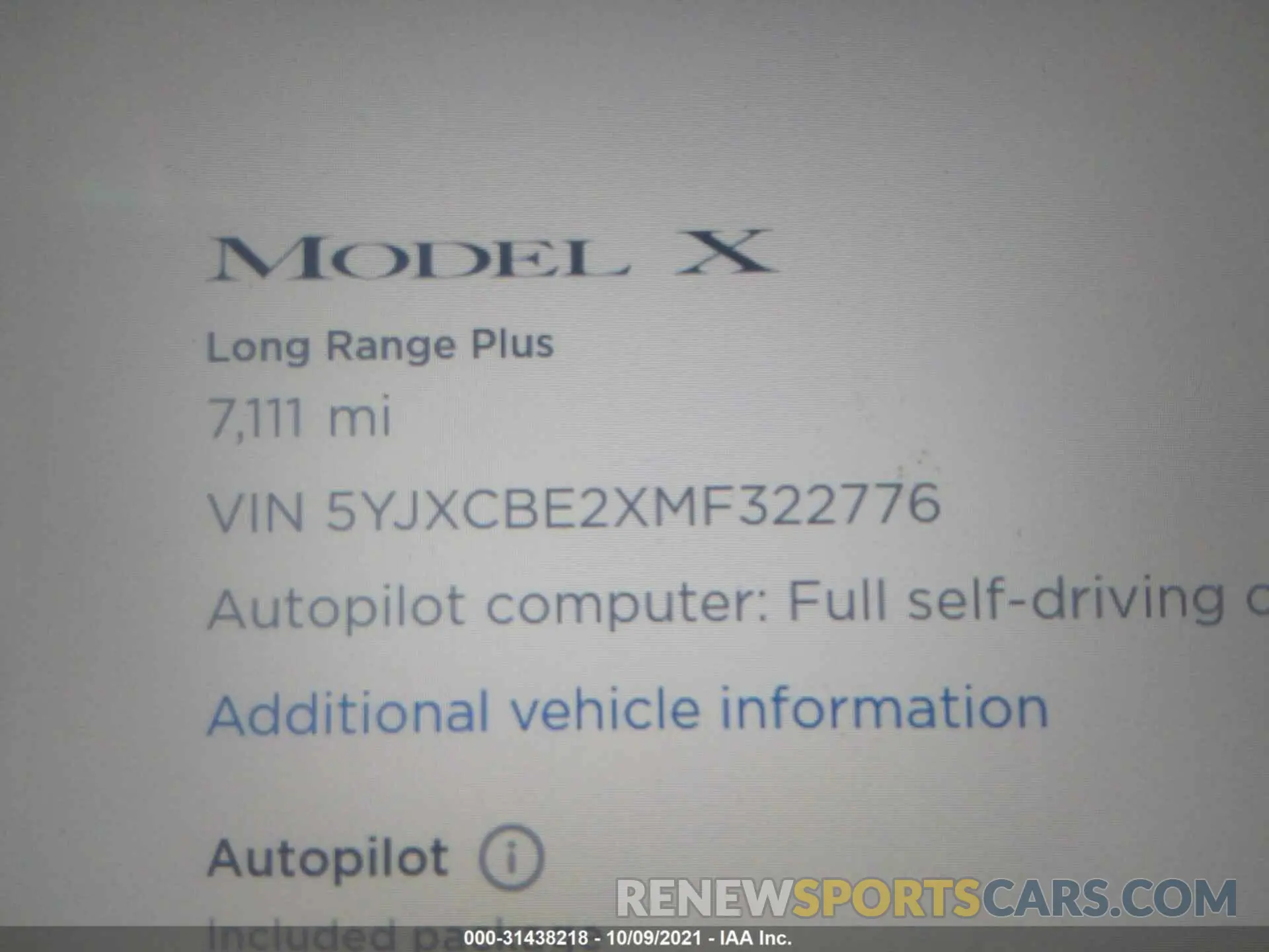 7 fotografías del automóvil dañado 5YJXCBE2XMF322776 TESLA MODEL X 2021