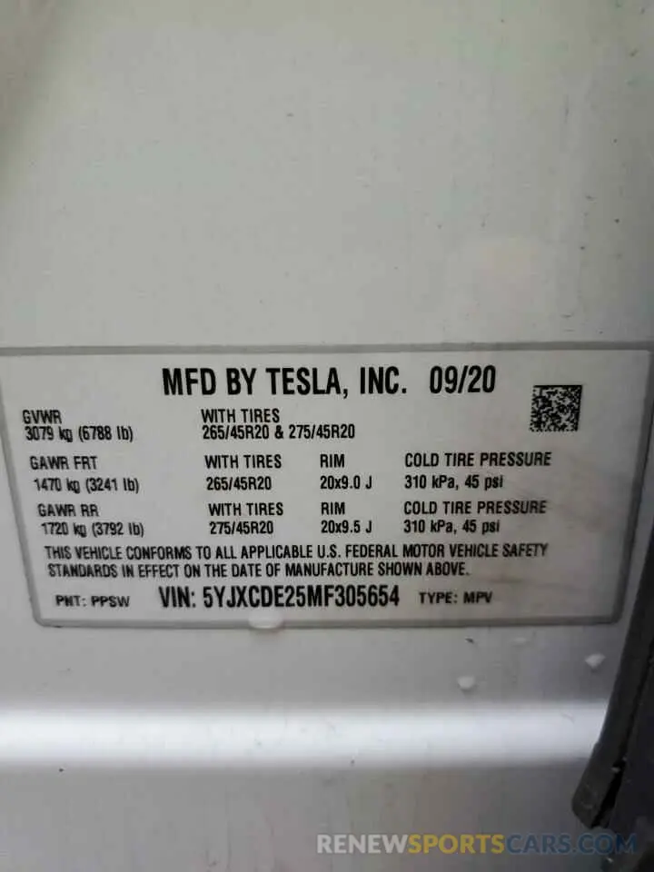 10 fotografías del automóvil dañado 5YJXCDE25MF305654 TESLA MODEL X 2021
