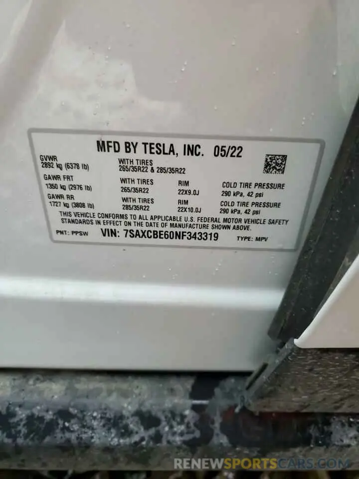 14 fotografías del automóvil dañado 7SAXCBE60NF343319 TESLA MODEL X 2022