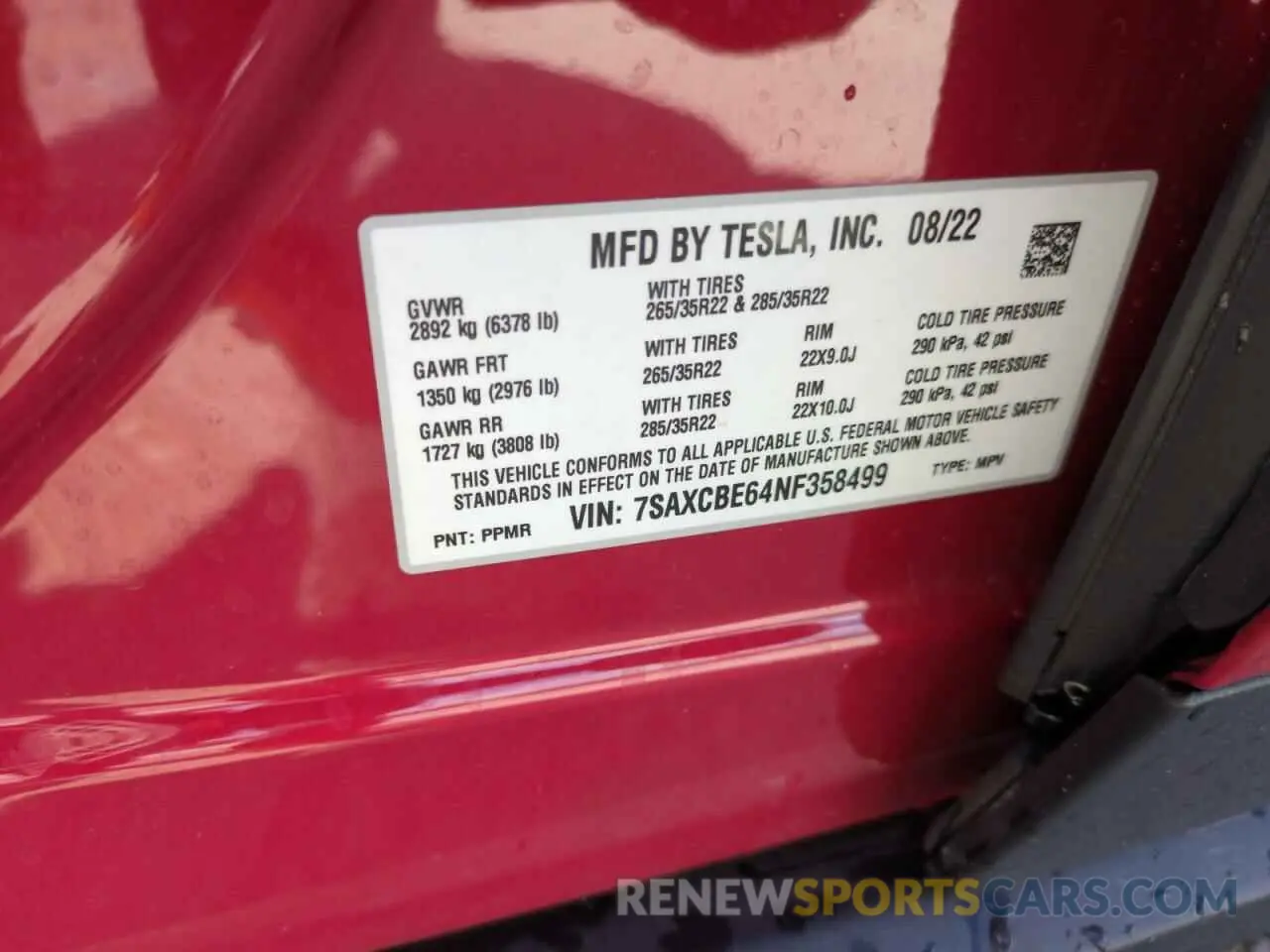 14 fotografías del automóvil dañado 7SAXCBE64NF358499 TESLA MODEL X 2022