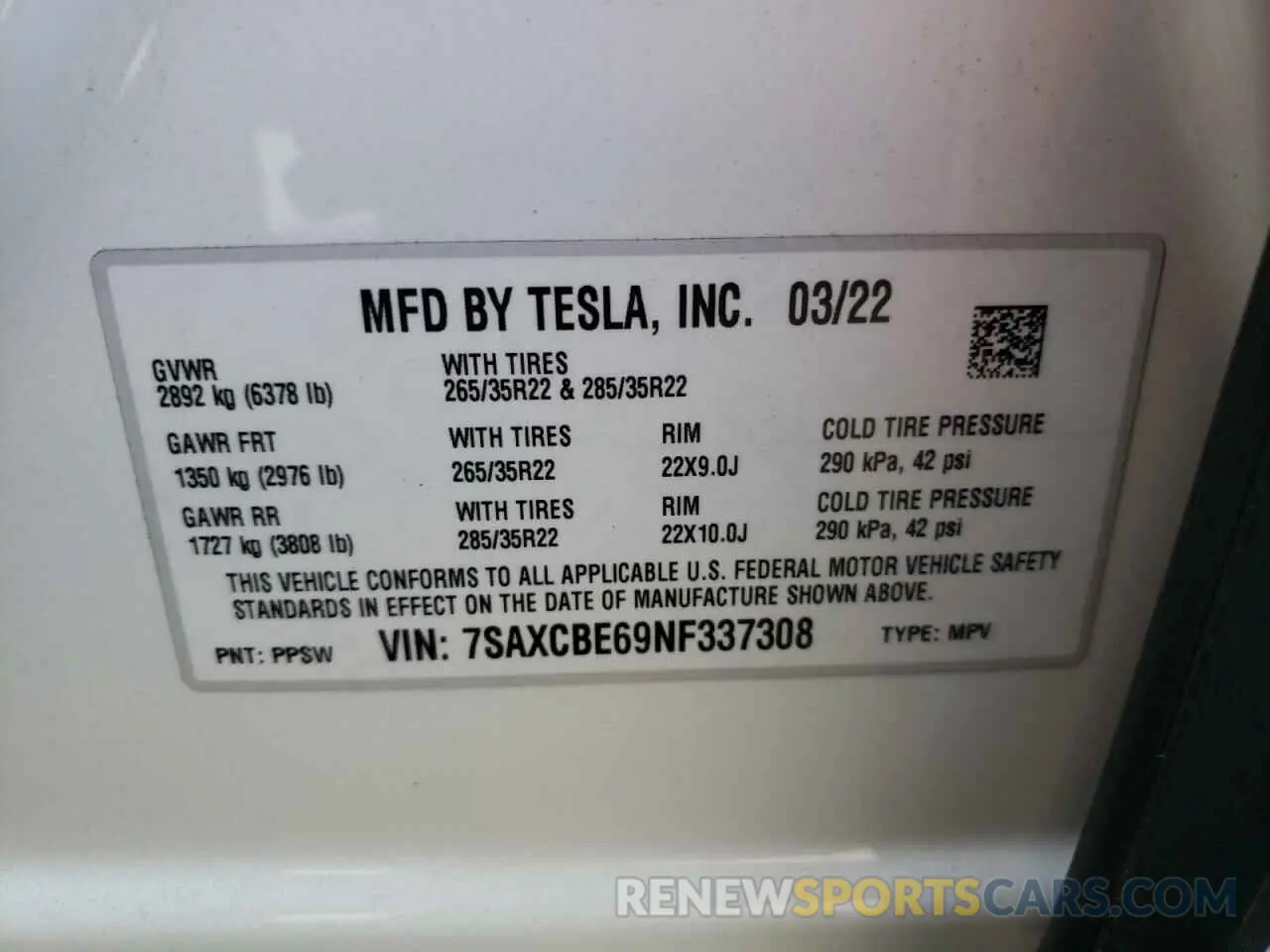 10 fotografías del automóvil dañado 7SAXCBE69NF337308 TESLA MODEL X 2022