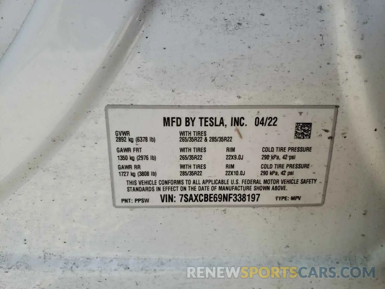 10 fotografías del automóvil dañado 7SAXCBE69NF338197 TESLA MODEL X 2022