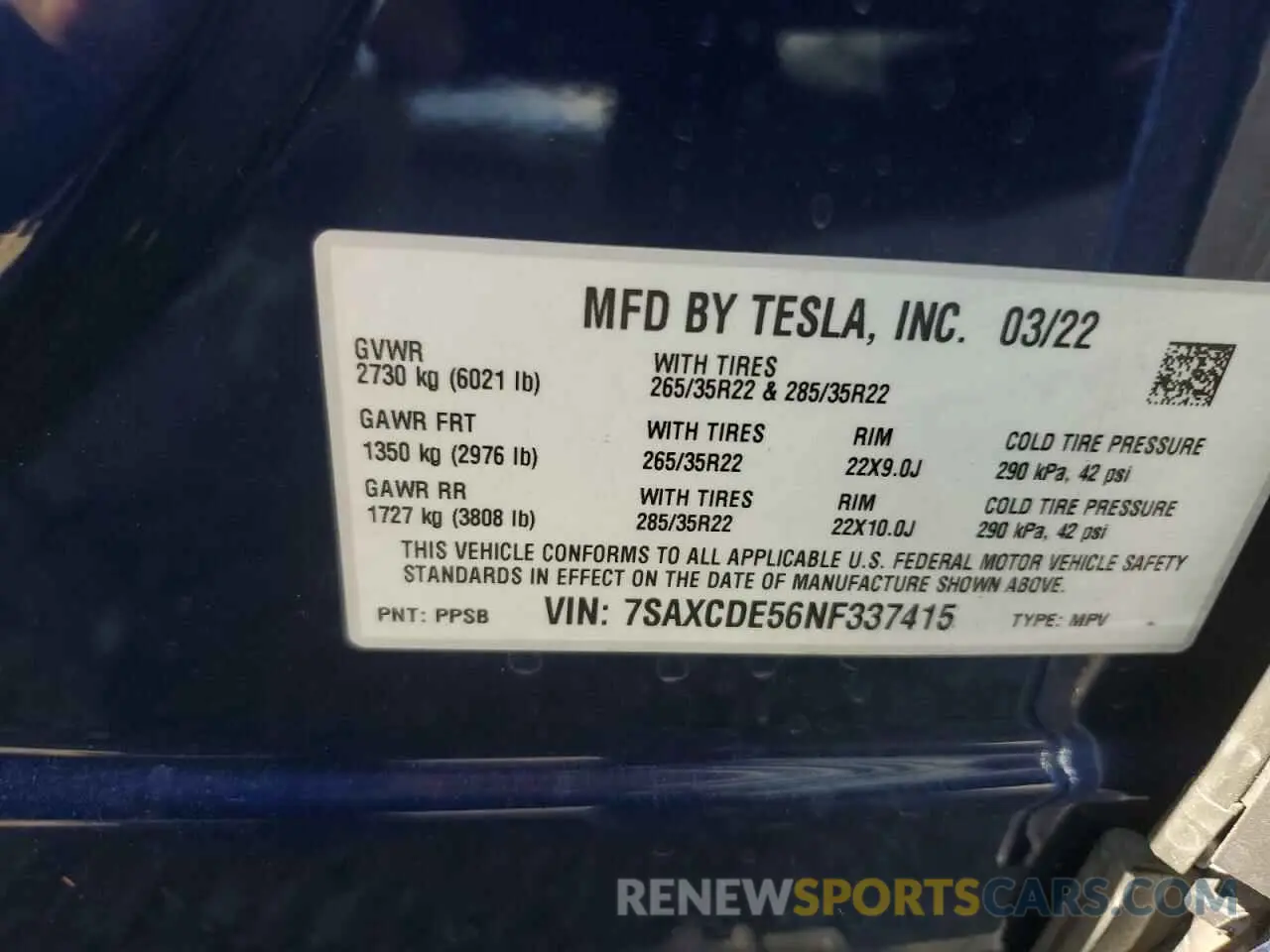 16 fotografías del automóvil dañado 7SAXCDE56NF337415 TESLA MODEL X 2022