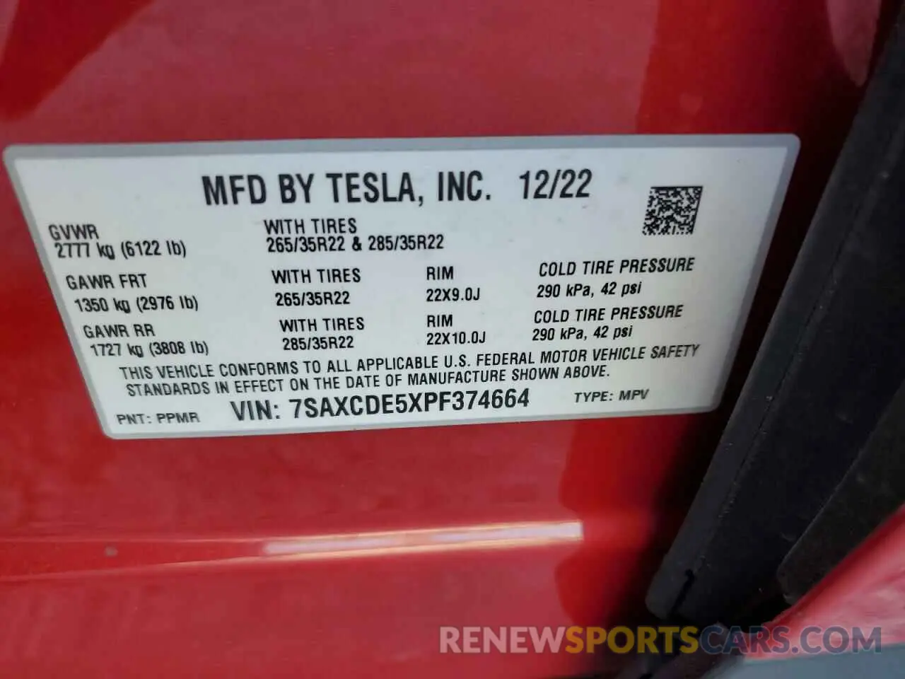 12 fotografías del automóvil dañado 7SAXCDE5XPF374664 TESLA MODEL X 2023