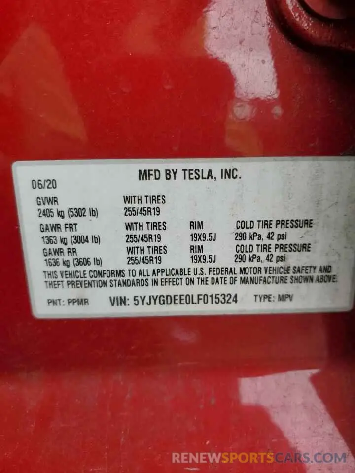 13 fotografías del automóvil dañado 5YJYGDEE0LF015324 TESLA MODEL Y 2020