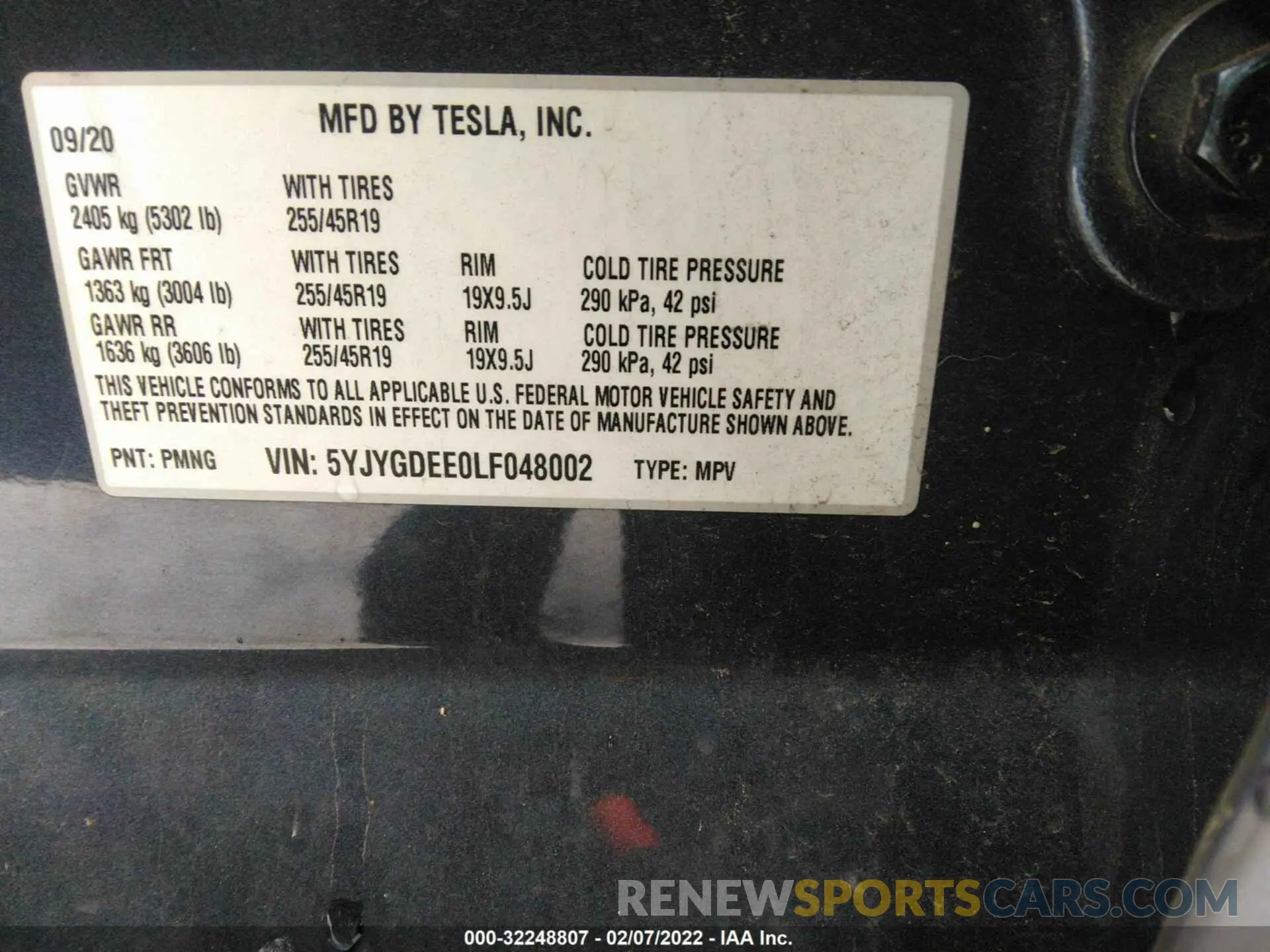 9 fotografías del automóvil dañado 5YJYGDEE0LF048002 TESLA MODEL Y 2020