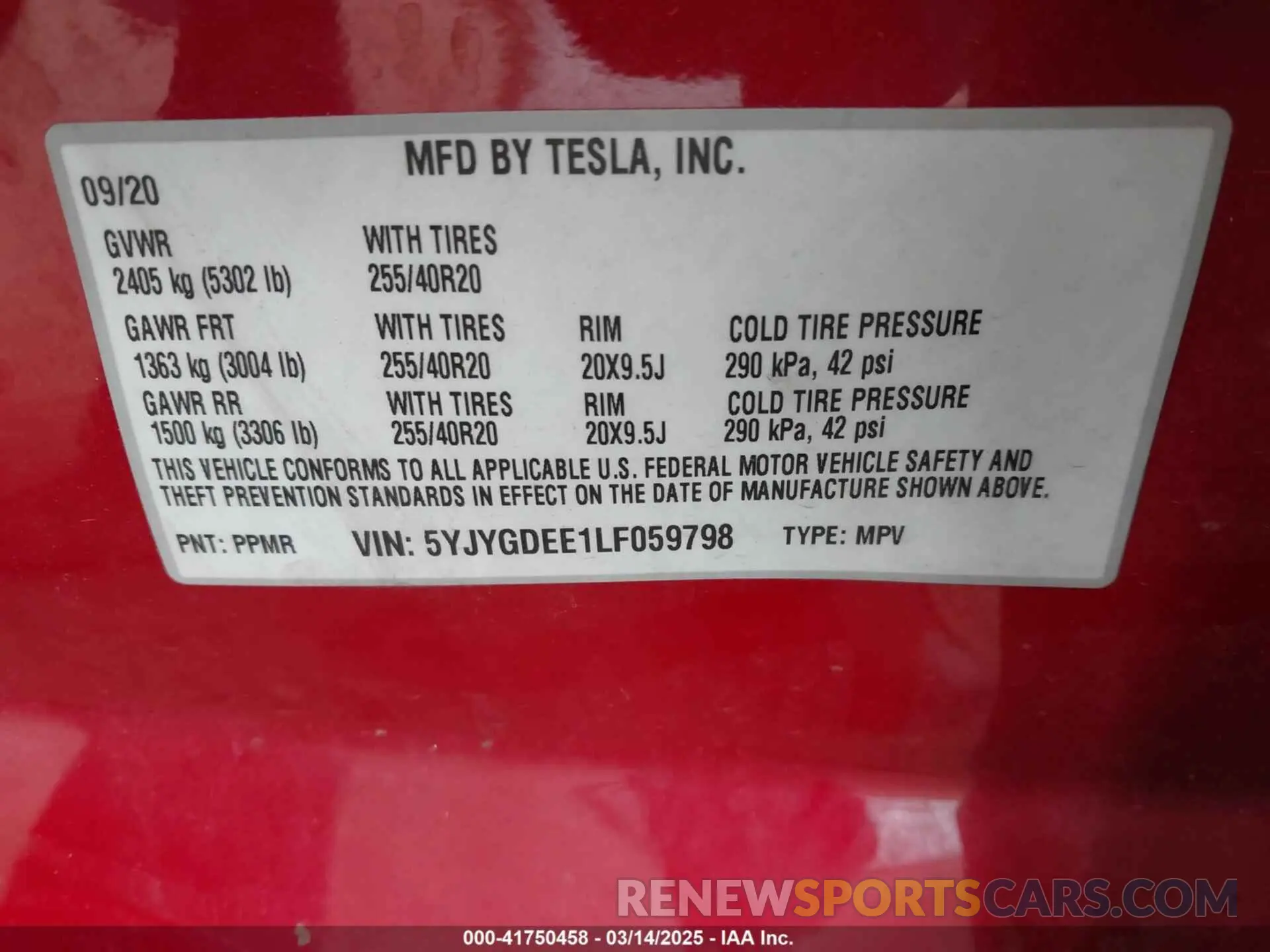 9 fotografías del automóvil dañado 5YJYGDEE1LF059798 TESLA MODEL Y 2020