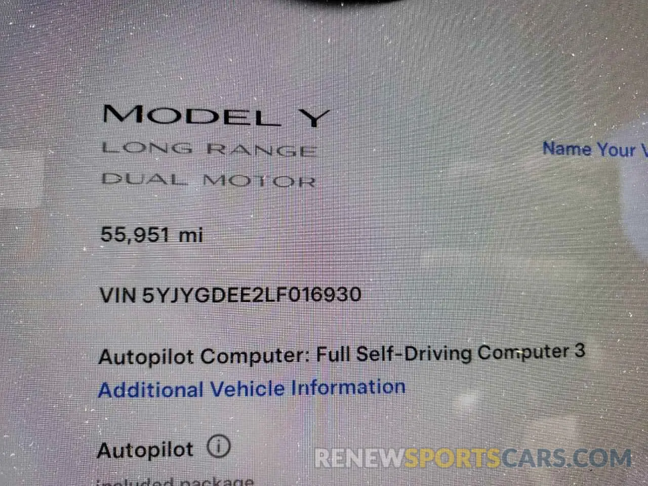 9 fotografías del automóvil dañado 5YJYGDEE2LF016930 TESLA MODEL Y 2020