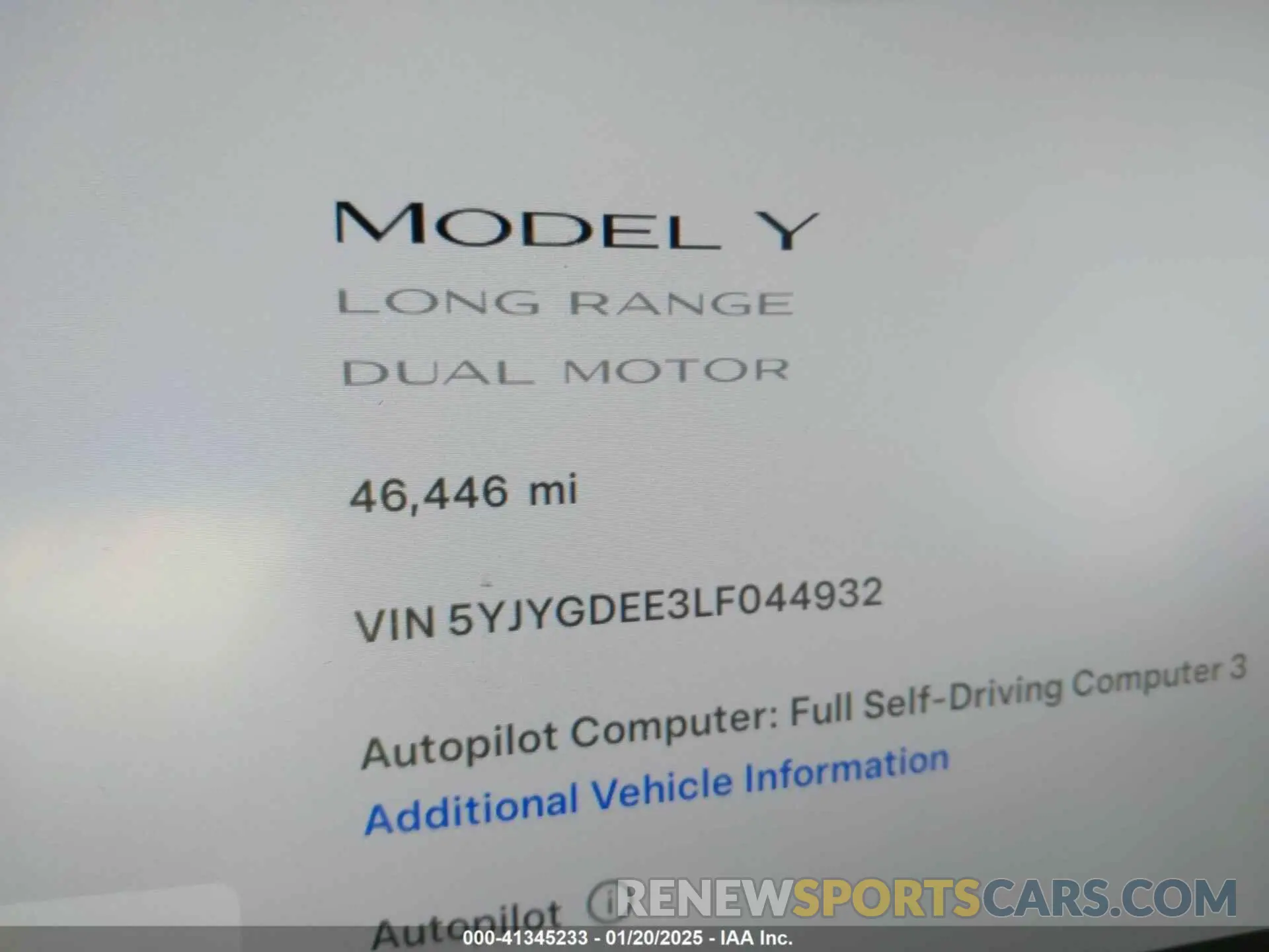 7 fotografías del automóvil dañado 5YJYGDEE3LF044932 TESLA MODEL Y 2020